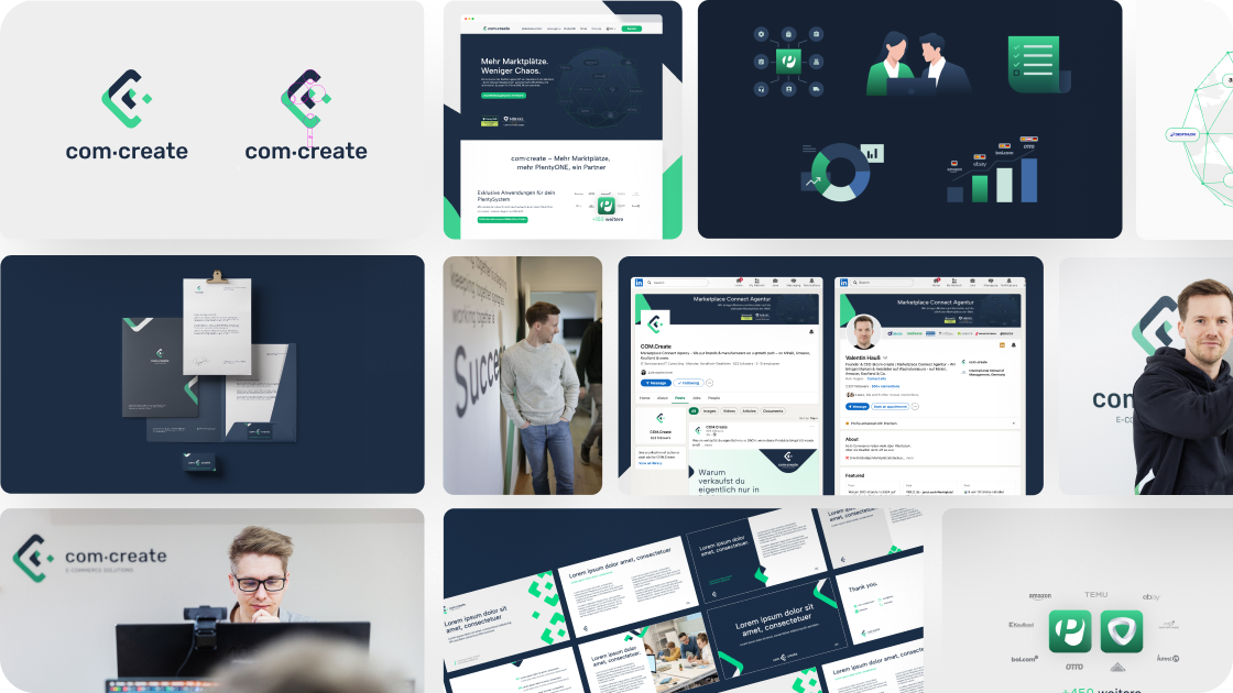 Collage showing com-create branding elements, website, LinkedIn profiles, a man working, and marketing materials.