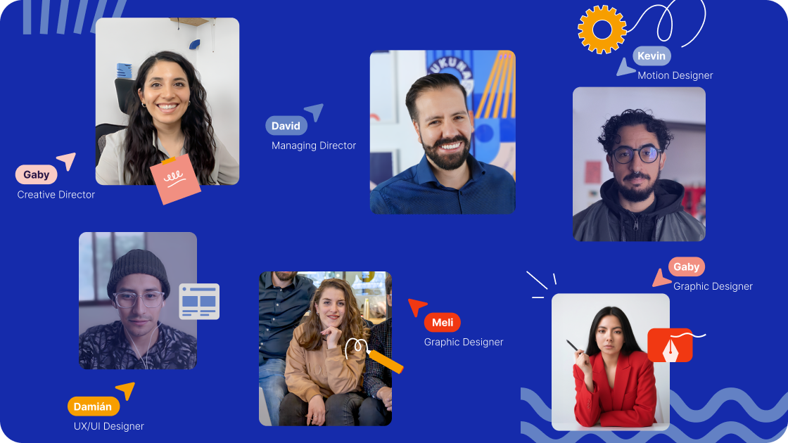 Collage of six professionals smiling with their names and design roles labeled on a blue background.