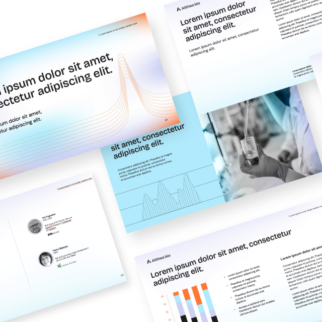 Collage of presentation slides featuring lorem ipsum text, charts, and a hand pouring liquid into a small glass vial.