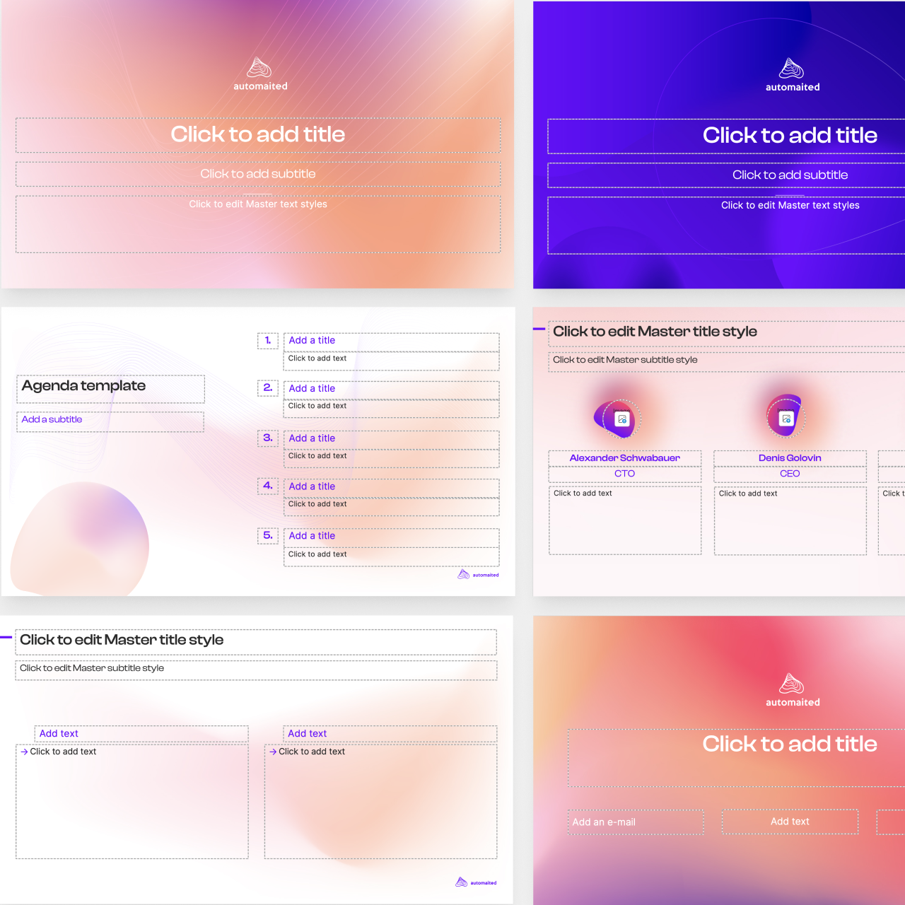A collage of 12 presentation slides with gradient backgrounds in shades of purple, pink, and beige, featuring placeholder text areas for titles, subtitles, agenda items, team member info, and charts.