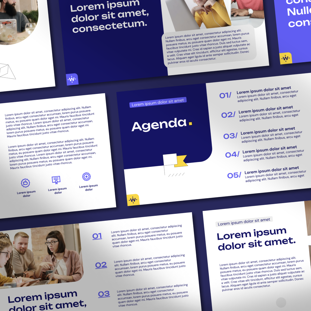 Collage of presentation slides with Lorem Ipsum text, agenda points, team photos, and people in work settings.