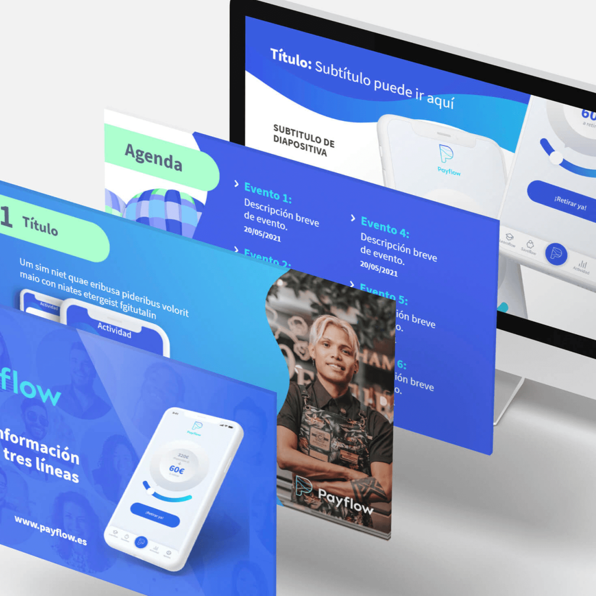 Floating digital presentation slides for Payflow app including agenda, event list, and mobile app interface on desktop screen.