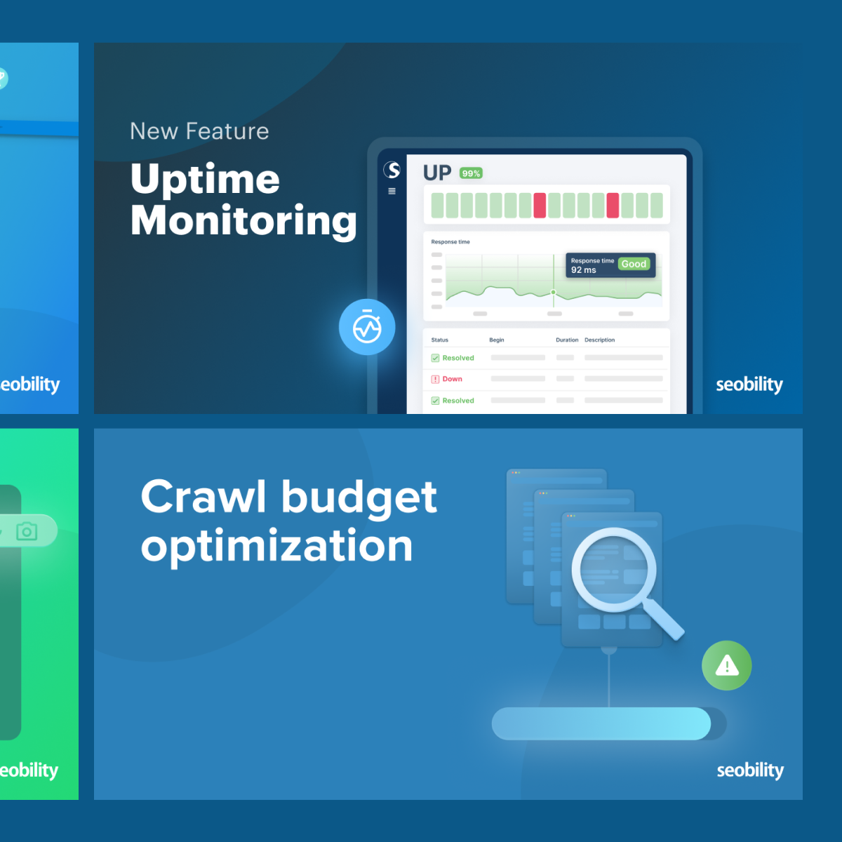 Four sections highlighting Seobility features: Beginner's Guide with website audit, New Feature Uptime Monitoring, Crawl budget optimization with magnifying glass, and The State of AI-powered Search with AI chip graphic.