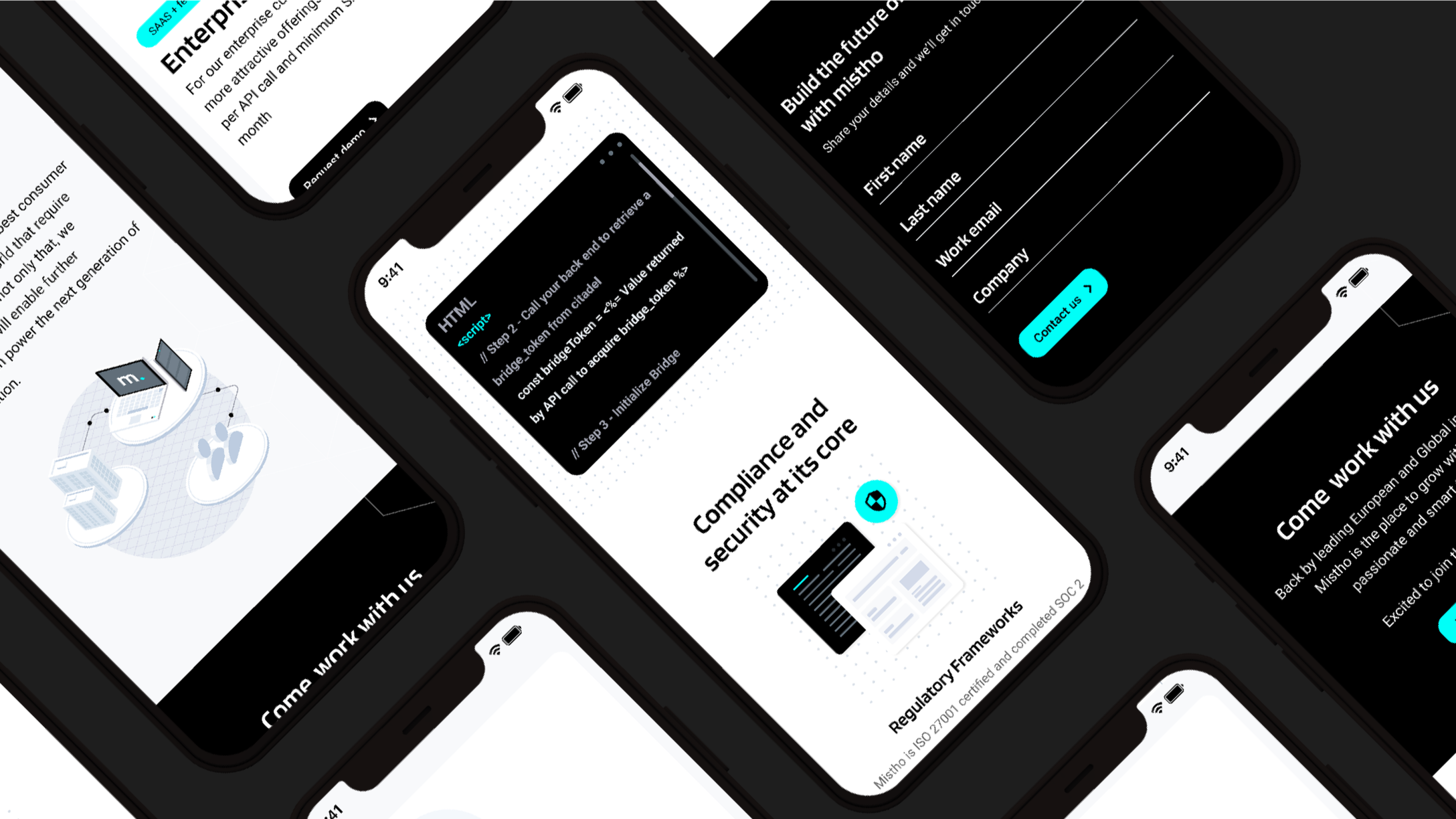 Collage of smartphone screens displaying a software platform with coding snippet, compliance and security info, contact form, and company description.