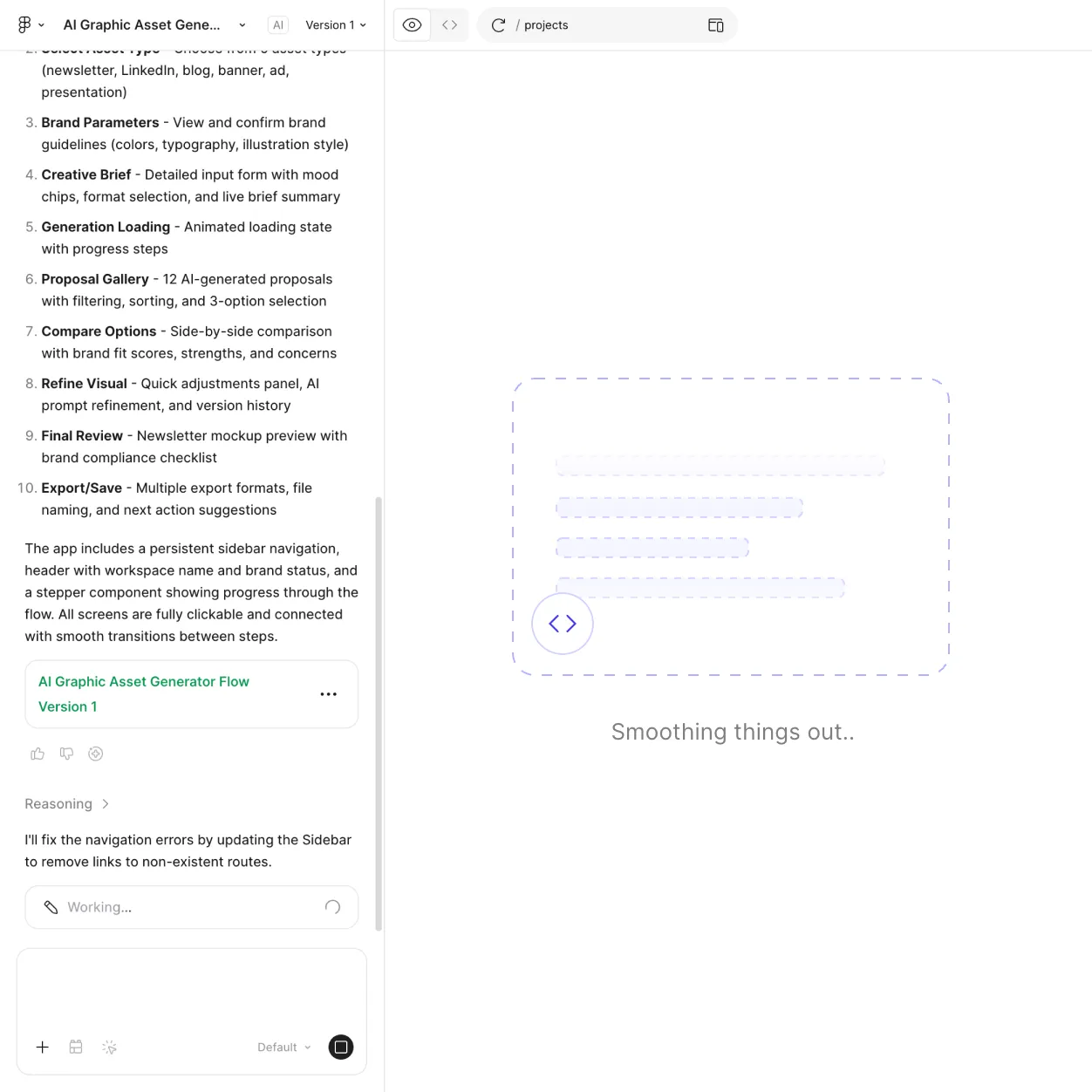 App screen showing a loading state with dashed box, arrows icon, and text 'Smoothing things out..'