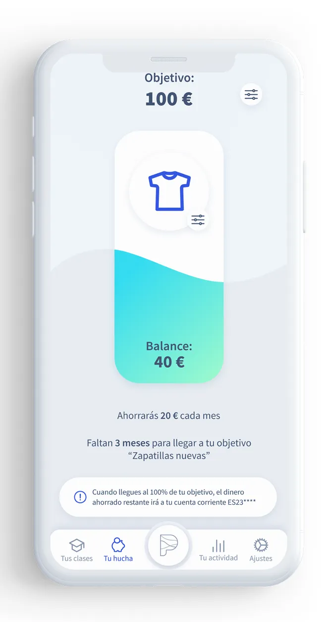 Mobile app screen showing savings goal of 100 euros, current balance 40 euros, and 3 months left.