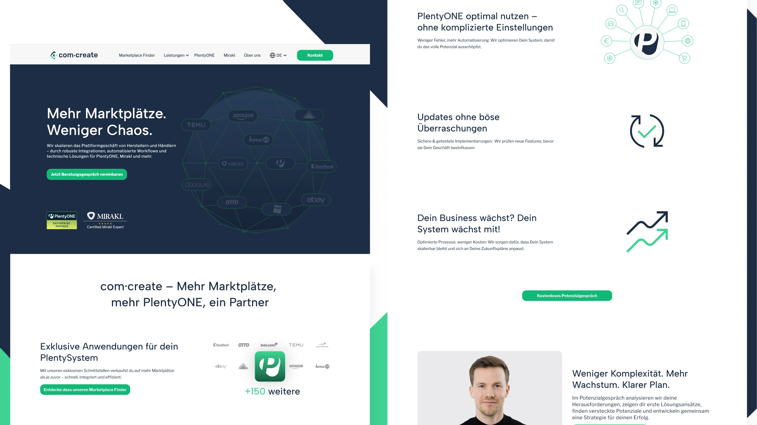 Website screenshot of com.create promoting PlentyONE integrations with marketplace logos and text on scalable platform solutions for businesses.