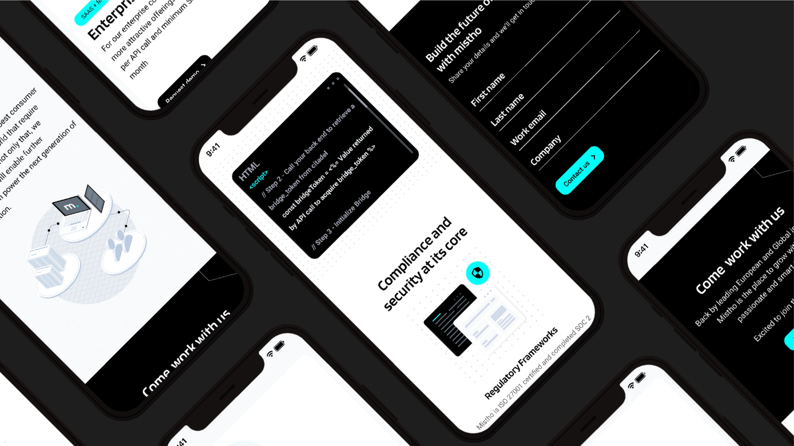 Multiple smartphones displaying a tech company's app interface with code snippets, compliance and security info, contact form, and work opportunities.