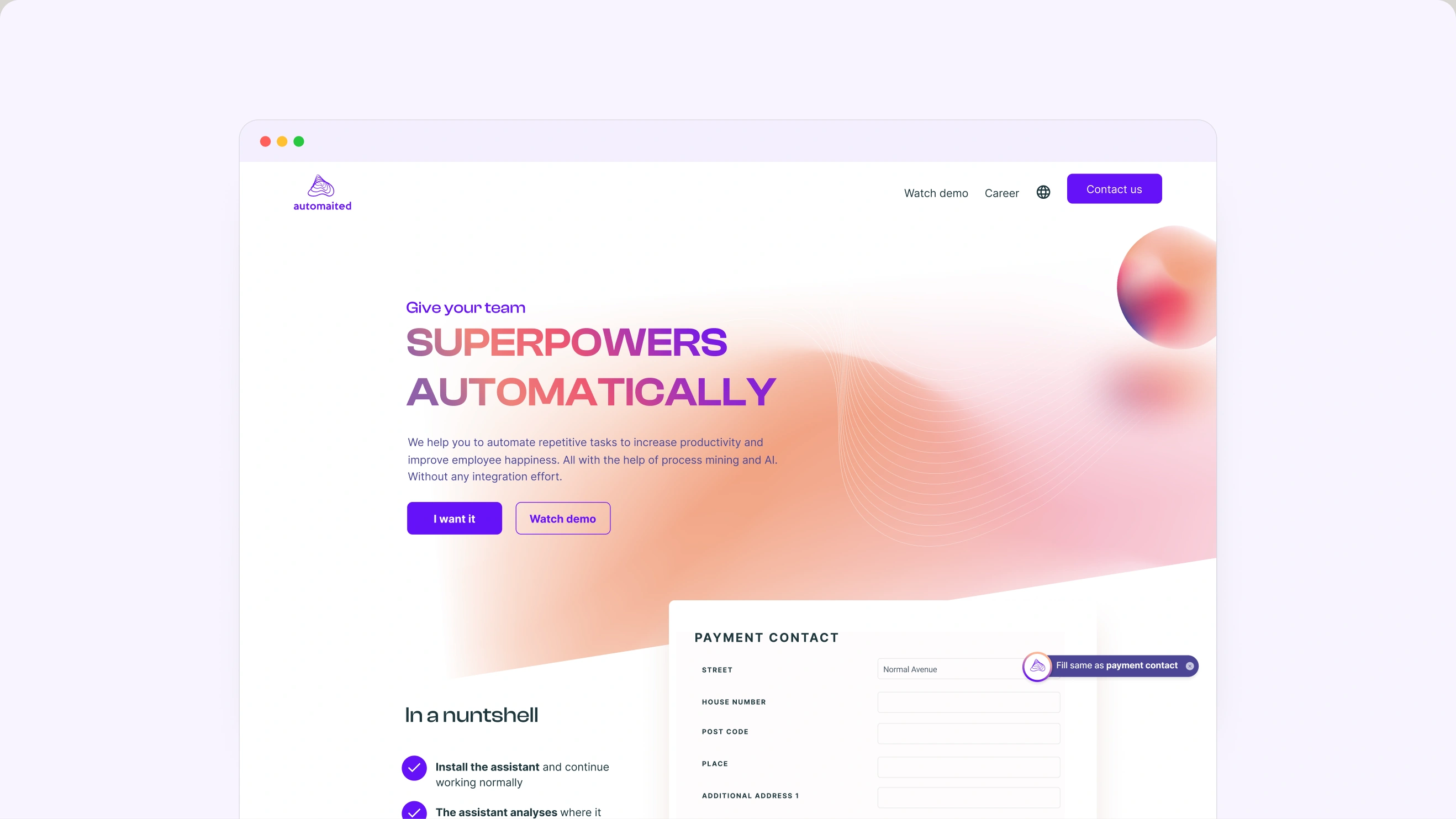 Website homepage offering automation tools with a headline 'Give your team superpowers automatically' and buttons for 'I want it' and 'Watch demo', plus a payment contact form visible.