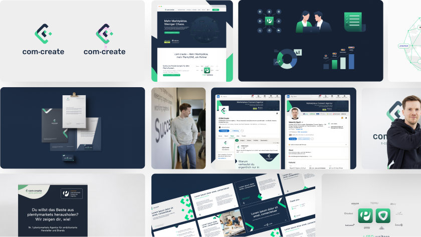 Collage showing com-create branding elements, website, LinkedIn profiles, a man working, and marketing materials.