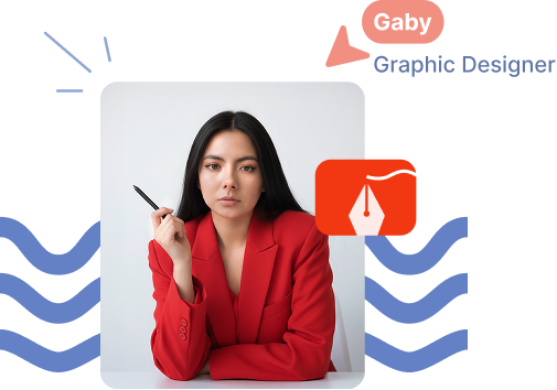 Woman with long black hair wearing a red blazer holding a pen, labeled as Gaby, Graphic Designer.