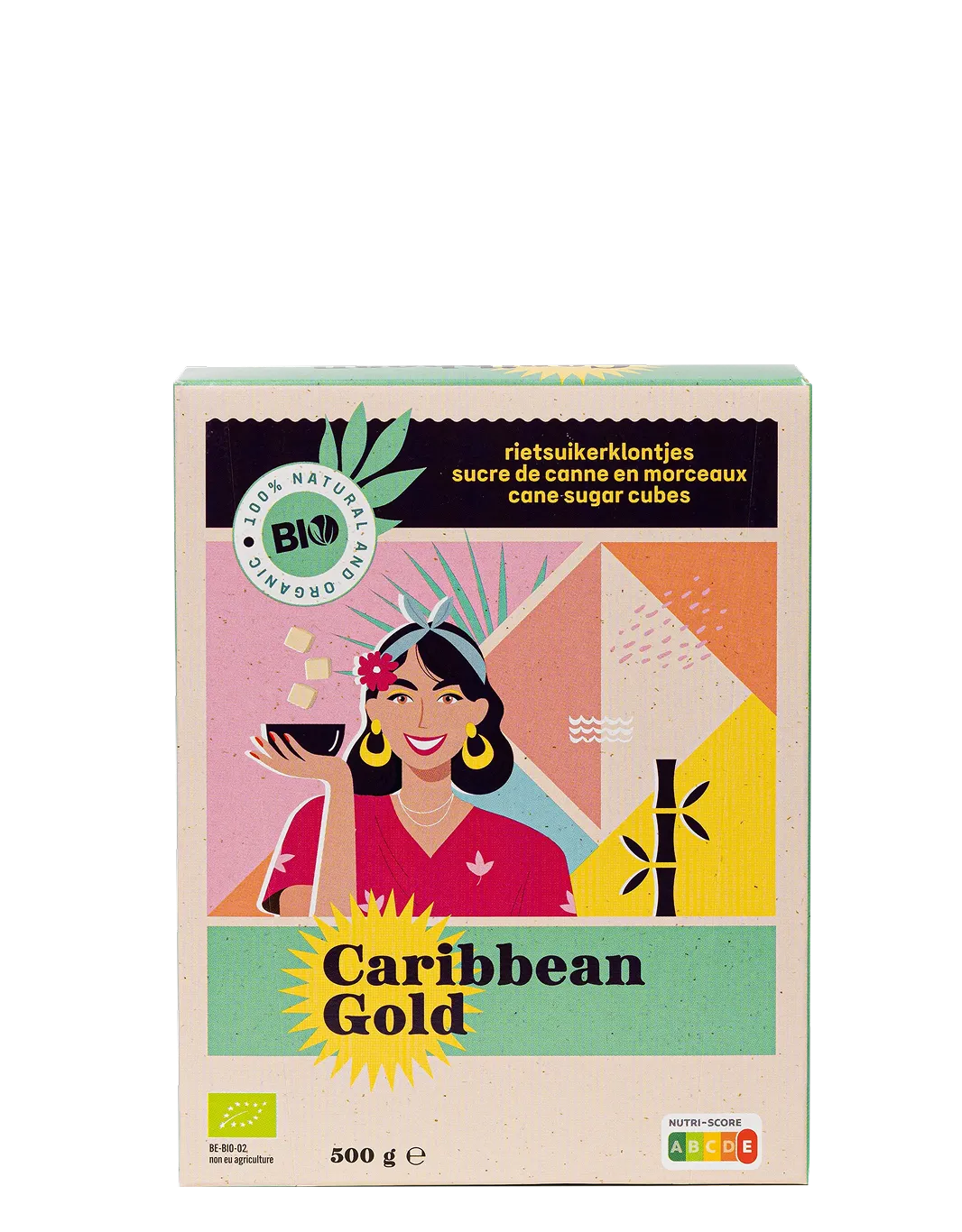 De verpakking van bio rietsuikerklontjes van Caribbean Gold (500 g)