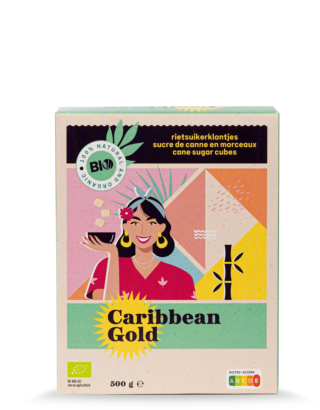 De verpakking van bio rietsuikerklontjes van Caribbean Gold (500 g)
