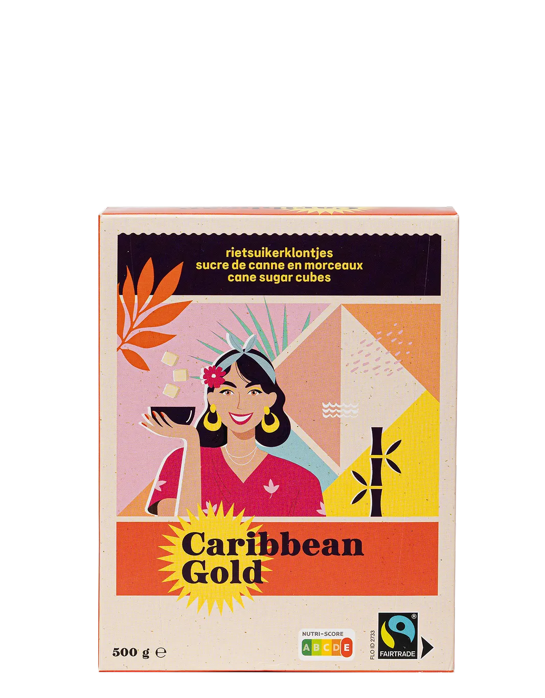 De verpakking van Fairtrade rietsuikerklontjes van Caribbean Gold (500 g)