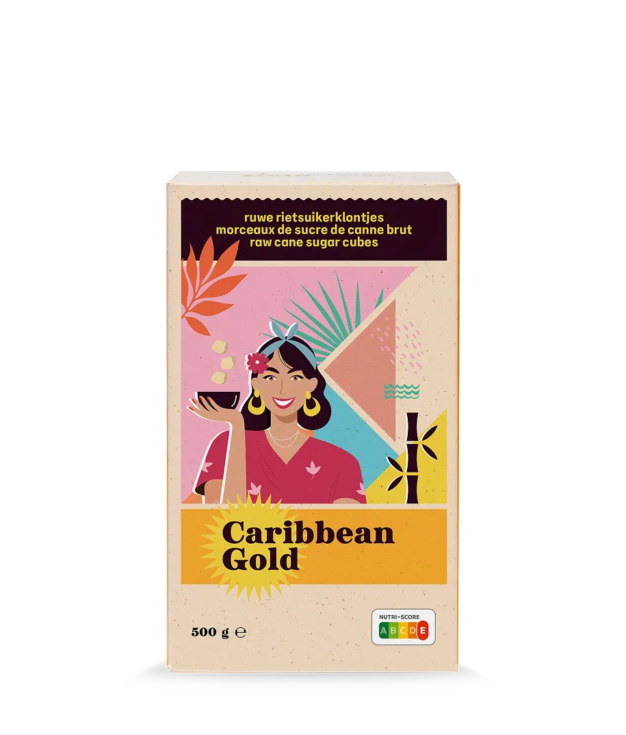 De verpakking van bruine onregelmatige rietsuikerklontjes van Caribbean Gold (500 g)