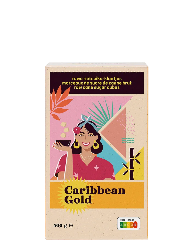 De verpakking van bruine onregelmatige rietsuikerklontjes van Caribbean Gold (500 g)