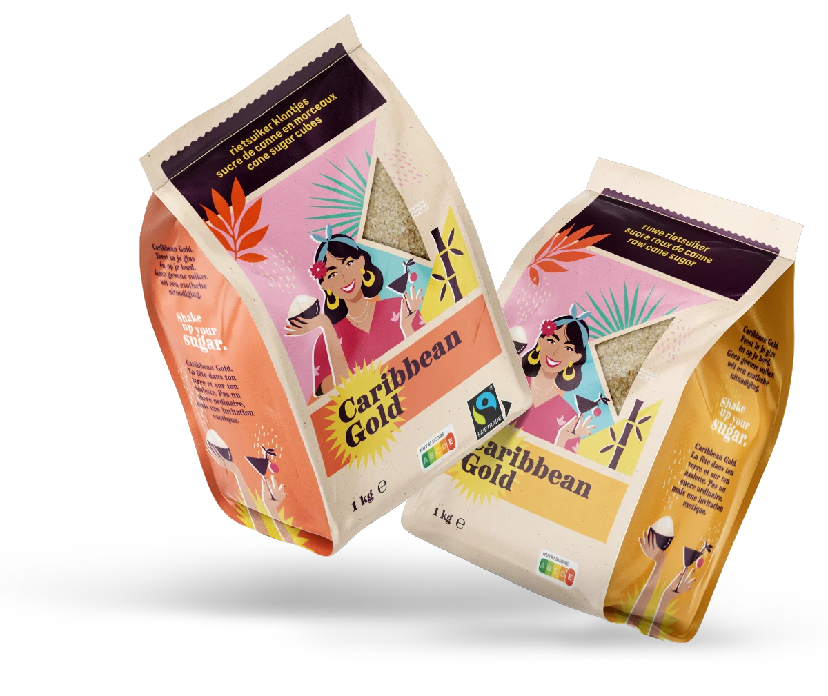 Twee verpakkingen Caribbean Gold rietsuiker.