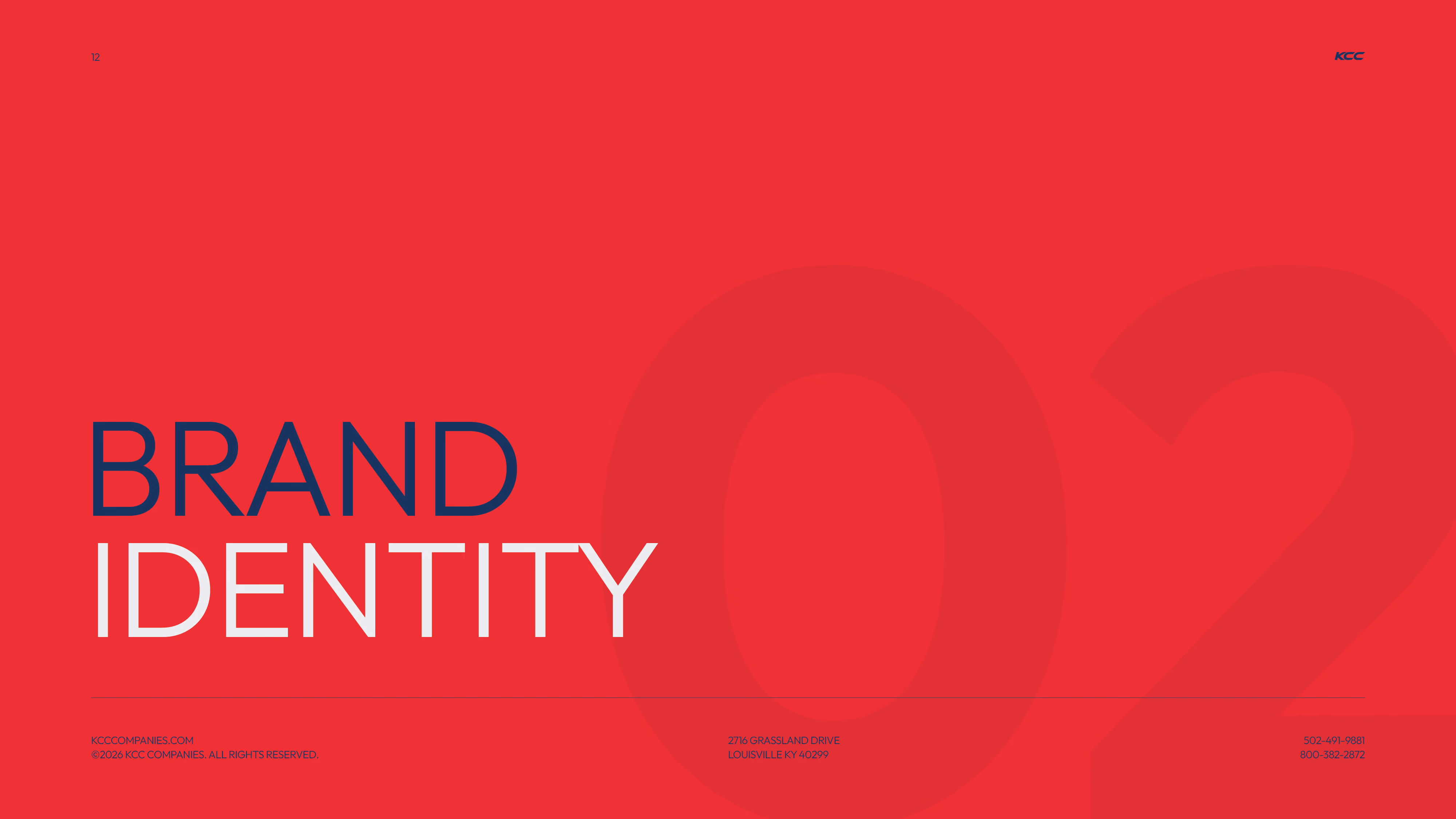 Red slide with large faint number '02' in the background and text reading 'BRAND IDENTITY' in bold letters, including contact details and KCC branding.
