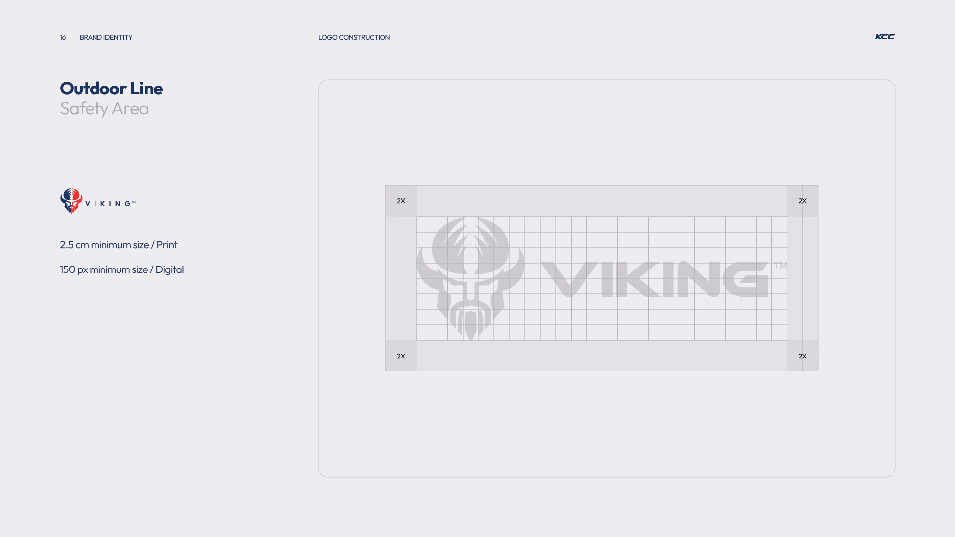 Brand identity guidelines showing the safety area for the Viking logo with minimum print size of 2.5 cm and digital size of 150 px, including a grid indicating a 2X clearance zone around the logo.
