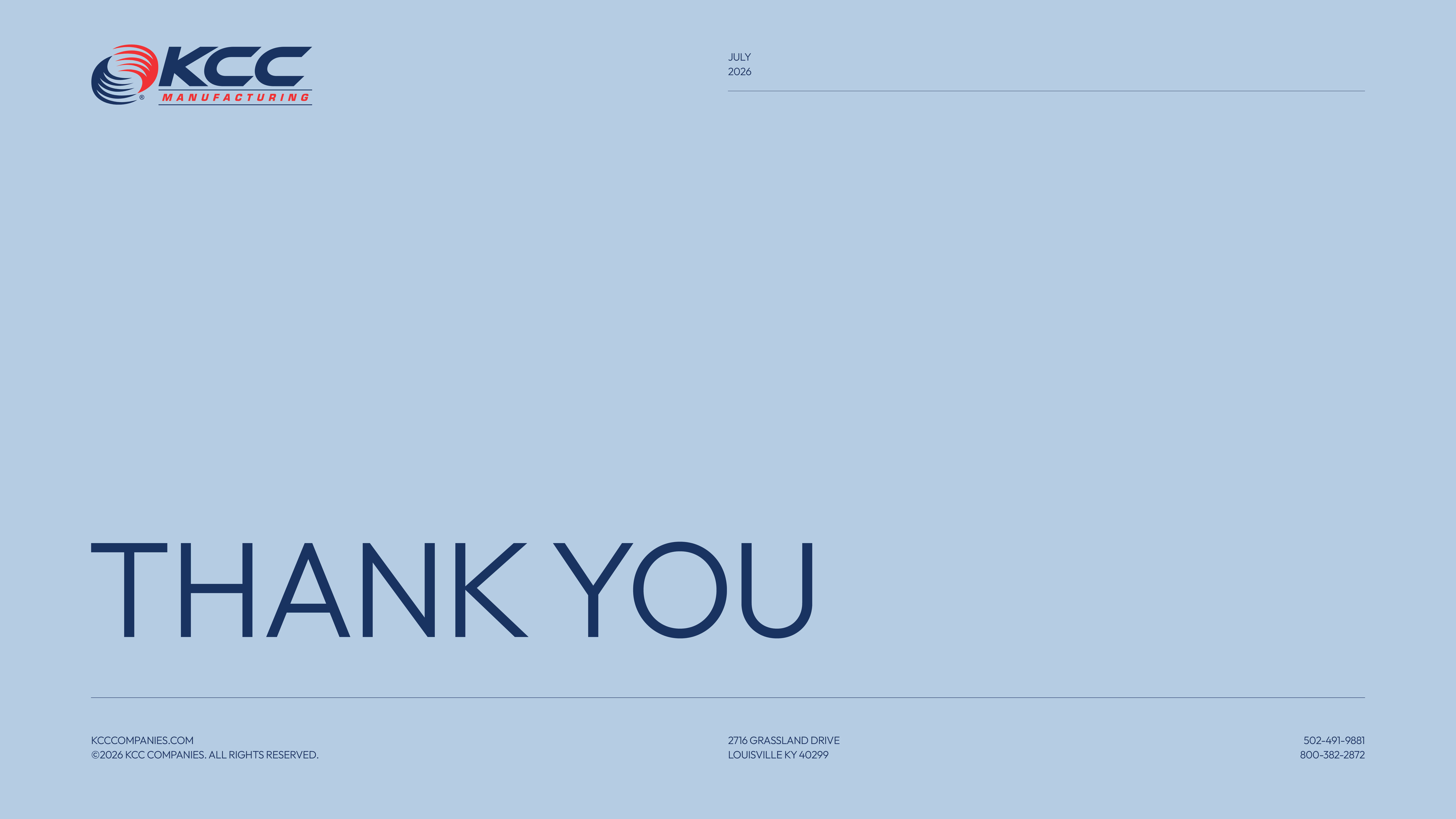 Blue background with KCC Manufacturing logo at top left, large text saying THANK YOU in the center, and contact details including website, address in Louisville, KY, phone numbers, and ©2026 copyright at the bottom.