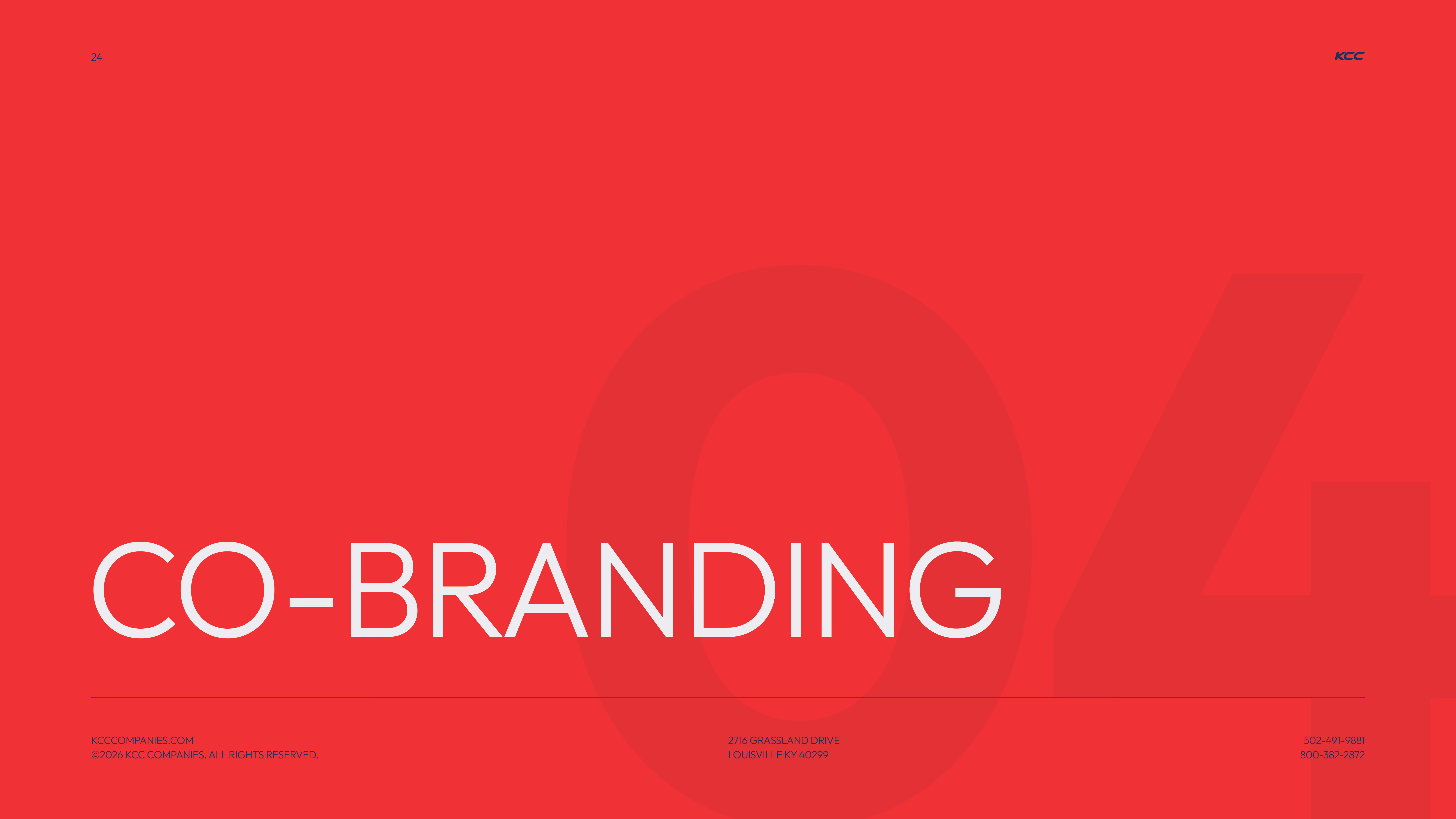 Red background with large faint number '04' and the word 'CO-BRANDING' in large white letters center-left, with small text including a website, copyright, address, and phone numbers at the bottom corners.