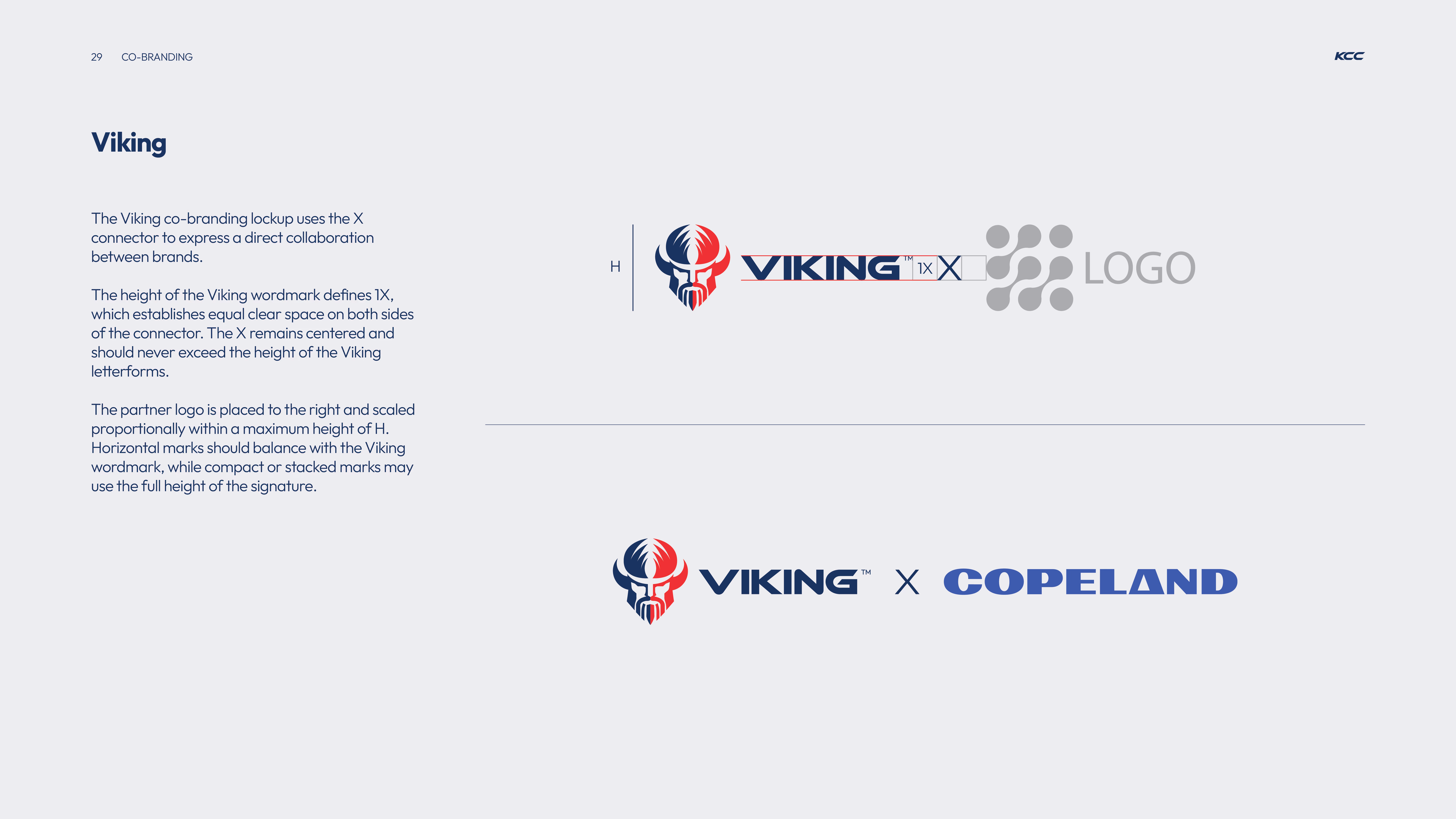 Branding guideline page showing the Viking co-branding lockup with a Viking helmet logo and wordmark connected by an X symbol to a placeholder for a partner logo, explaining spacing, height, and placement rules for collaboration logos.