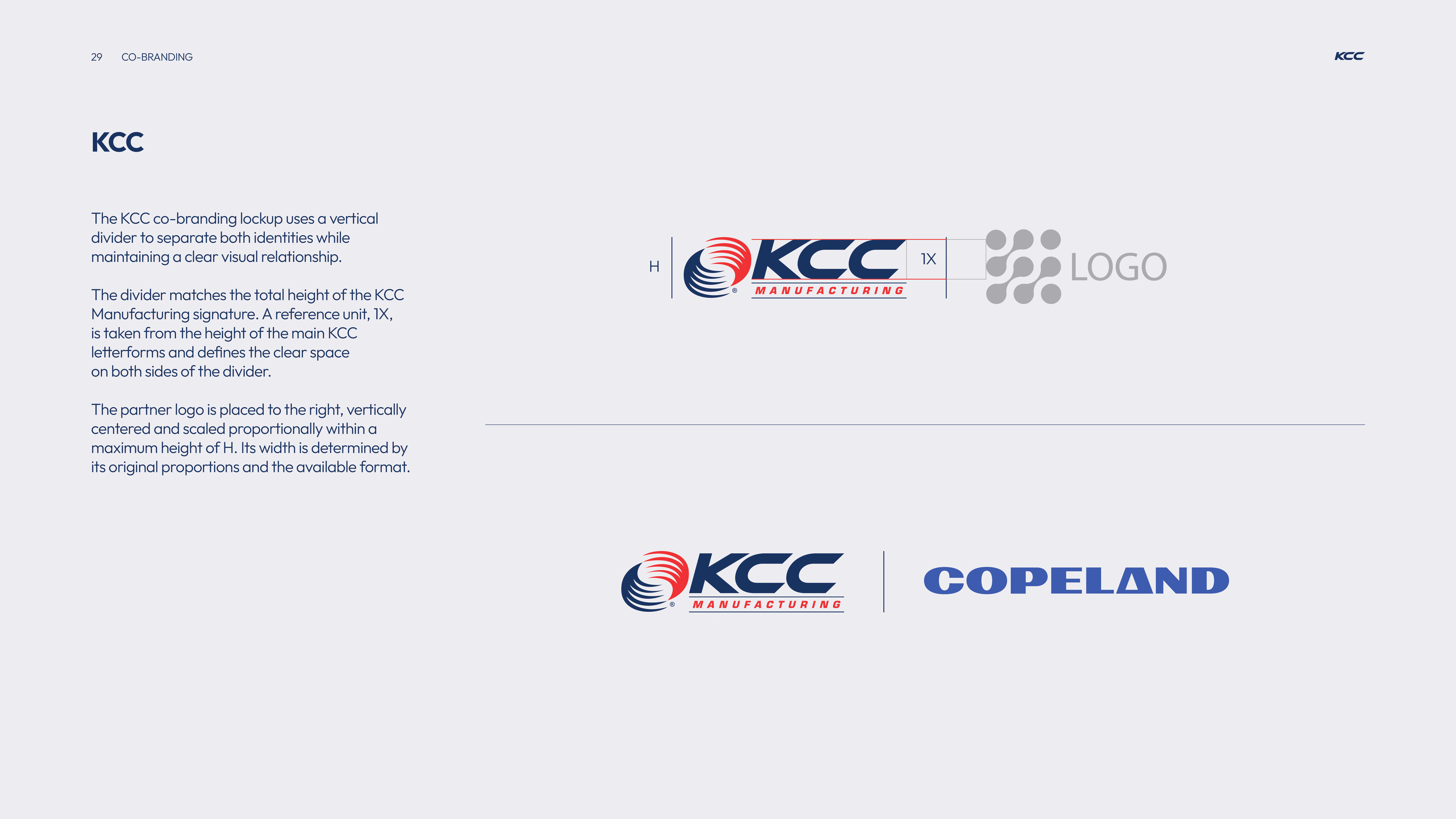 KCC co-branding guidelines showing a KCC Manufacturing logo with height labeled H and a vertical divider matching the height, separating it from a partner logo area. Text explains the divider uses a reference unit 1X from the KCC letterform height for clear space on both sides. The partner logo is positioned to the right, vertically centered, scaled within height H, with width based on original proportions. Below is an example combining the KCC Manufacturing logo with a vertical divider and the COPELAND logo to the right.
