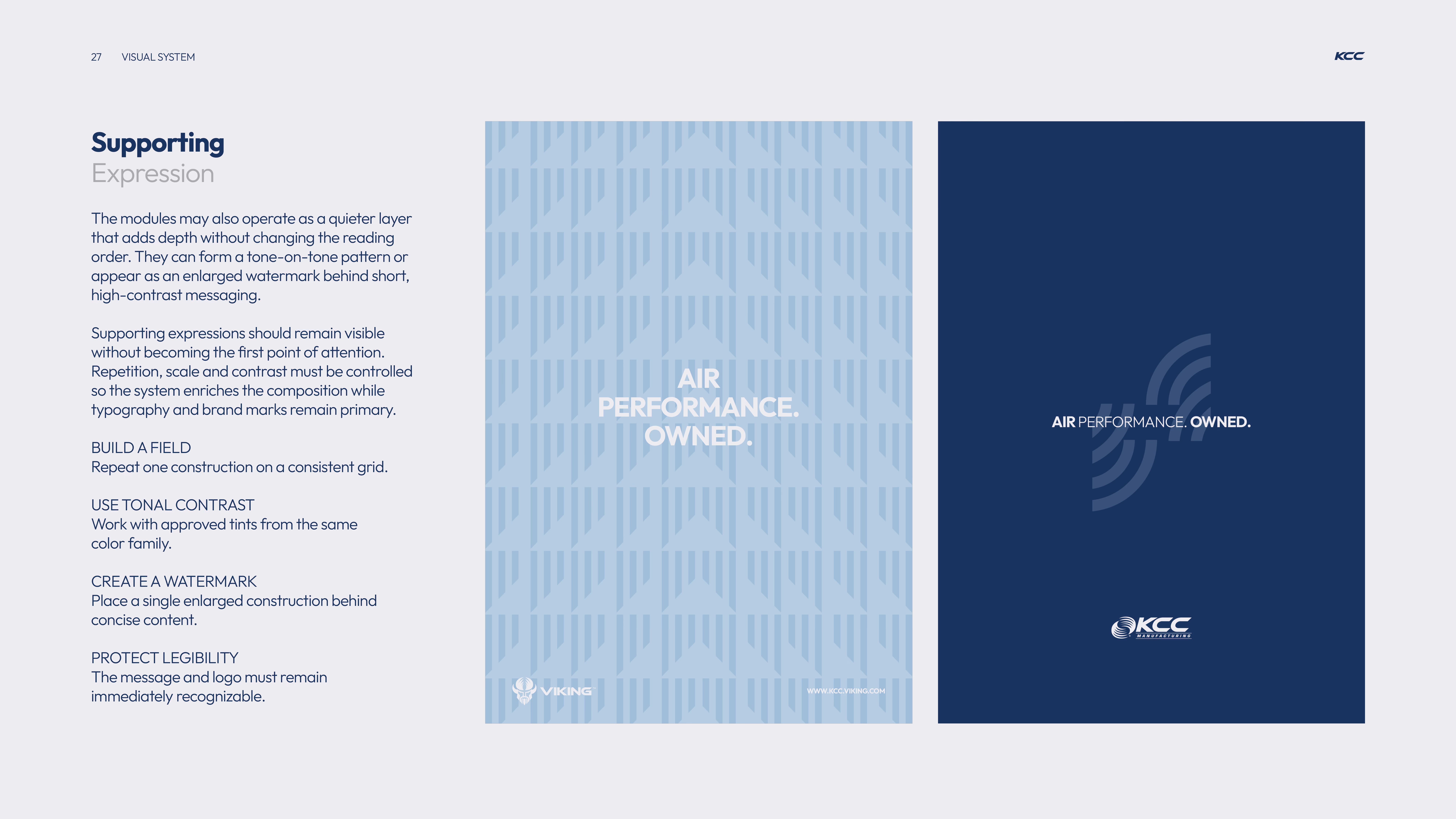 A visual design guide page titled 'Supporting Expression' with instructions about using quieter layers in design for depth without changing reading order, controlling repetition, scale, and contrast, and protecting legibility. It includes two example panels: the left panel has a light blue pattern background with white centered text 'AIR PERFORMANCE. OWNED.' and small logos at the bottom; the right panel has a dark blue background with the same centered text in white and light blue sound wave graphics beside it, along with a KCC Manufacturing logo at the bottom.