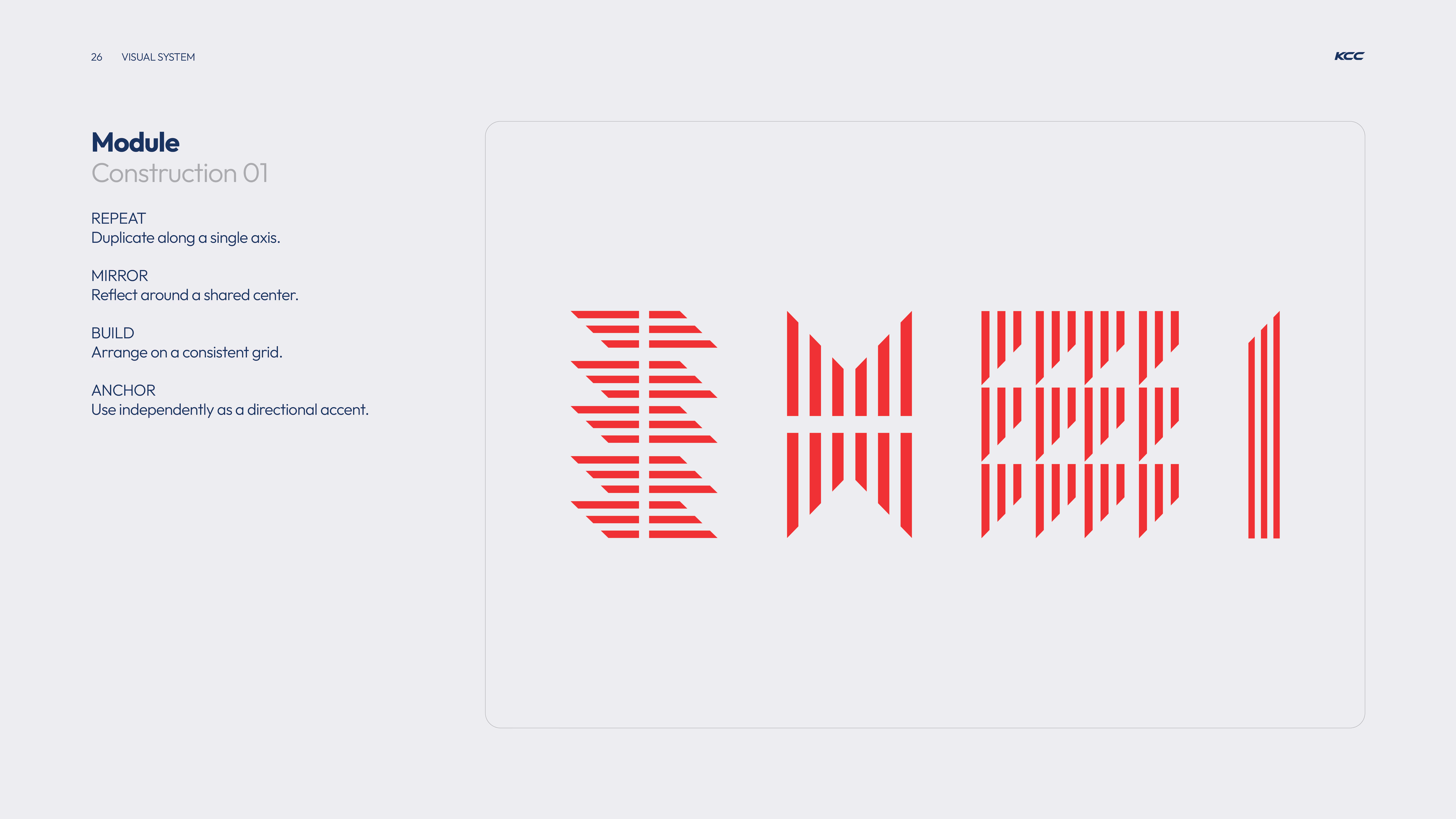 Visual system module titled 'Construction 01' with four design principles listed: Repeat to duplicate along a single axis, Mirror to reflect around a shared center, Build to arrange on a consistent grid, Anchor to use independently as a directional accent; alongside four corresponding red geometric pattern examples visualizing each principle on a light gray background.