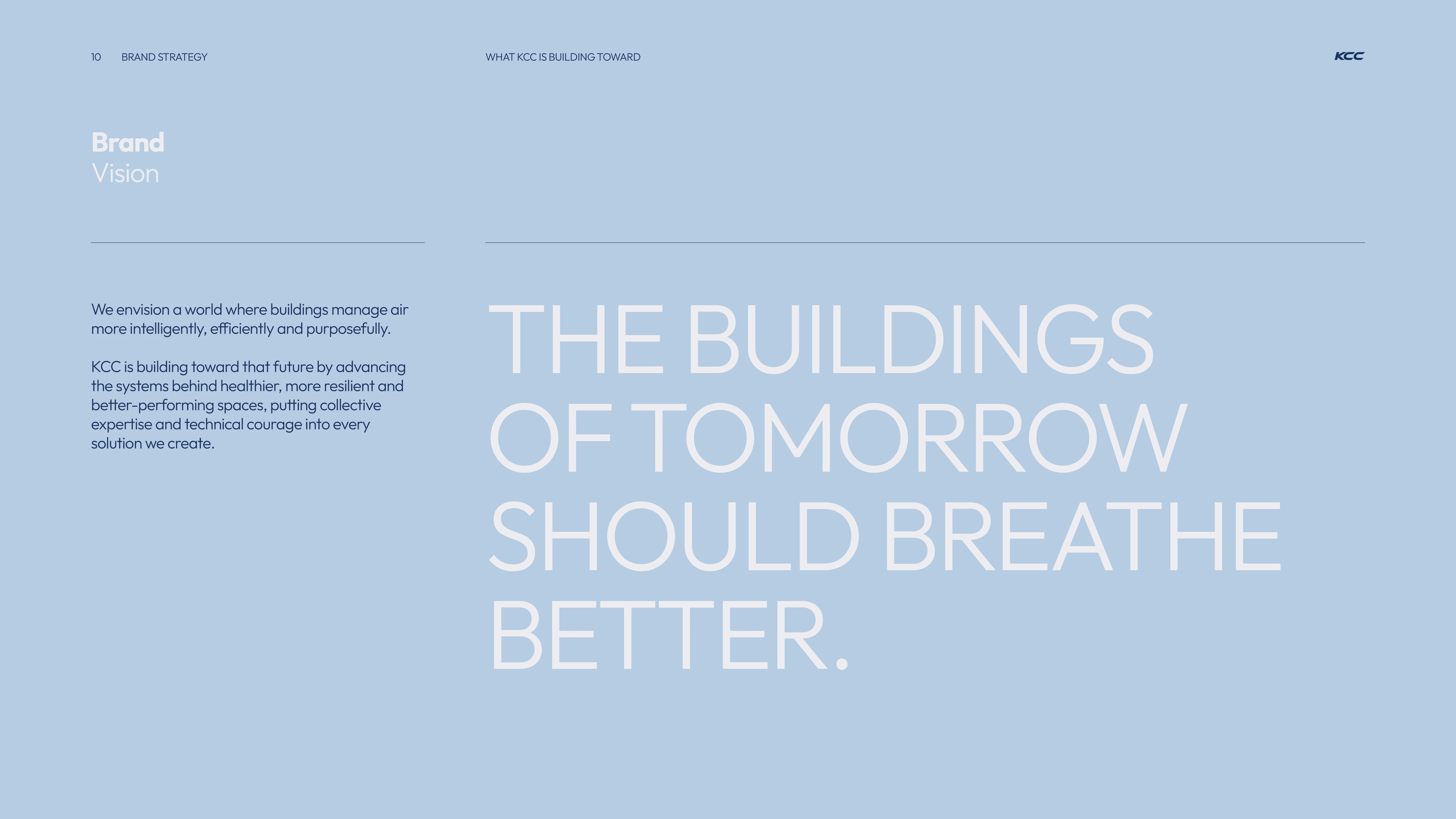Brand vision statement on a light blue background stating that KCC envisions buildings managing air more intelligently, efficiently, and purposefully, aiming for healthier, resilient, and better-performing spaces, summarized by the phrase: The buildings of tomorrow should breathe better.