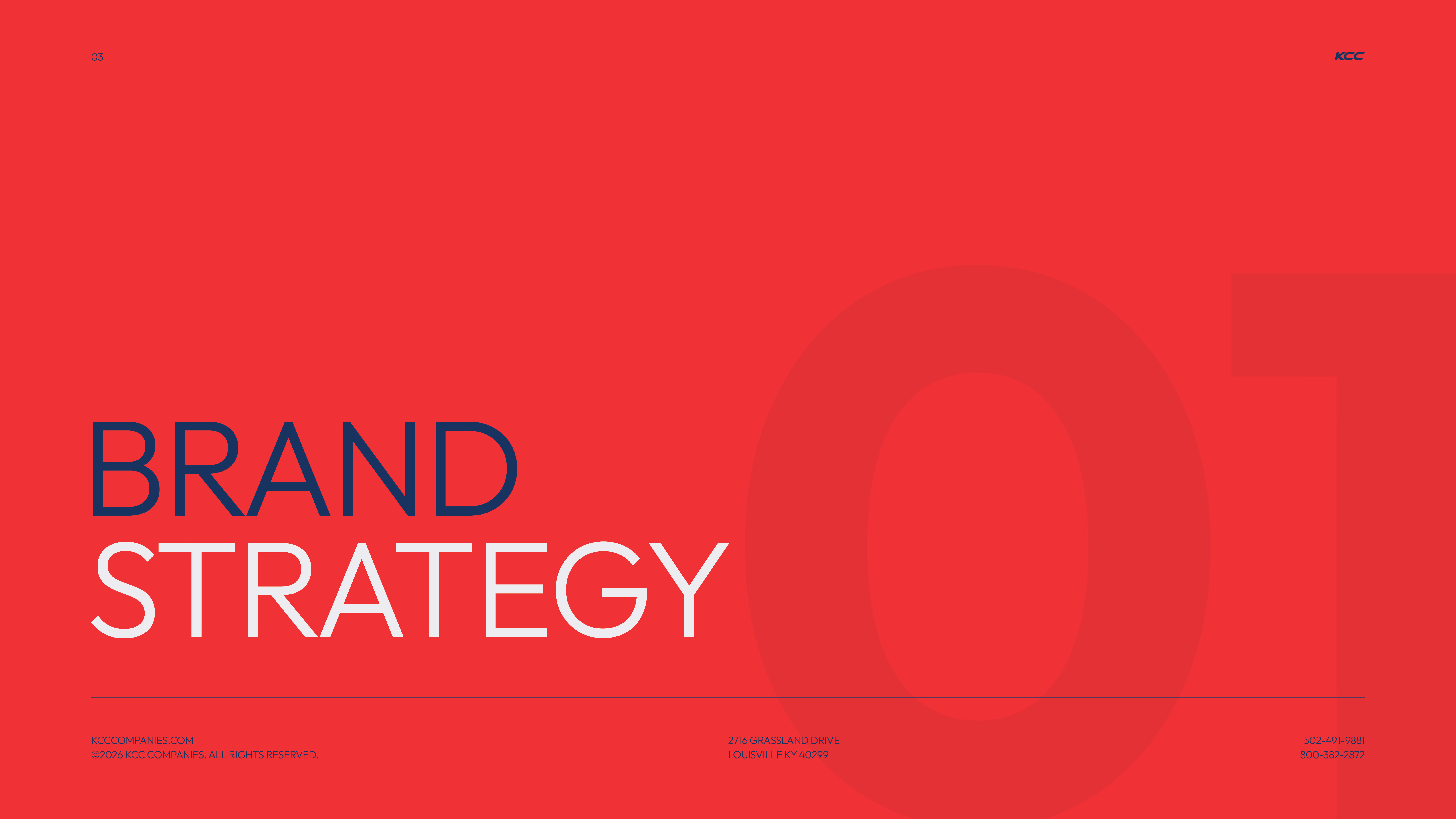 Red background with large faint number 01 in the center-right and text in navy and white that reads BRAND STRATEGY, along with small contact details and website information at the bottom.