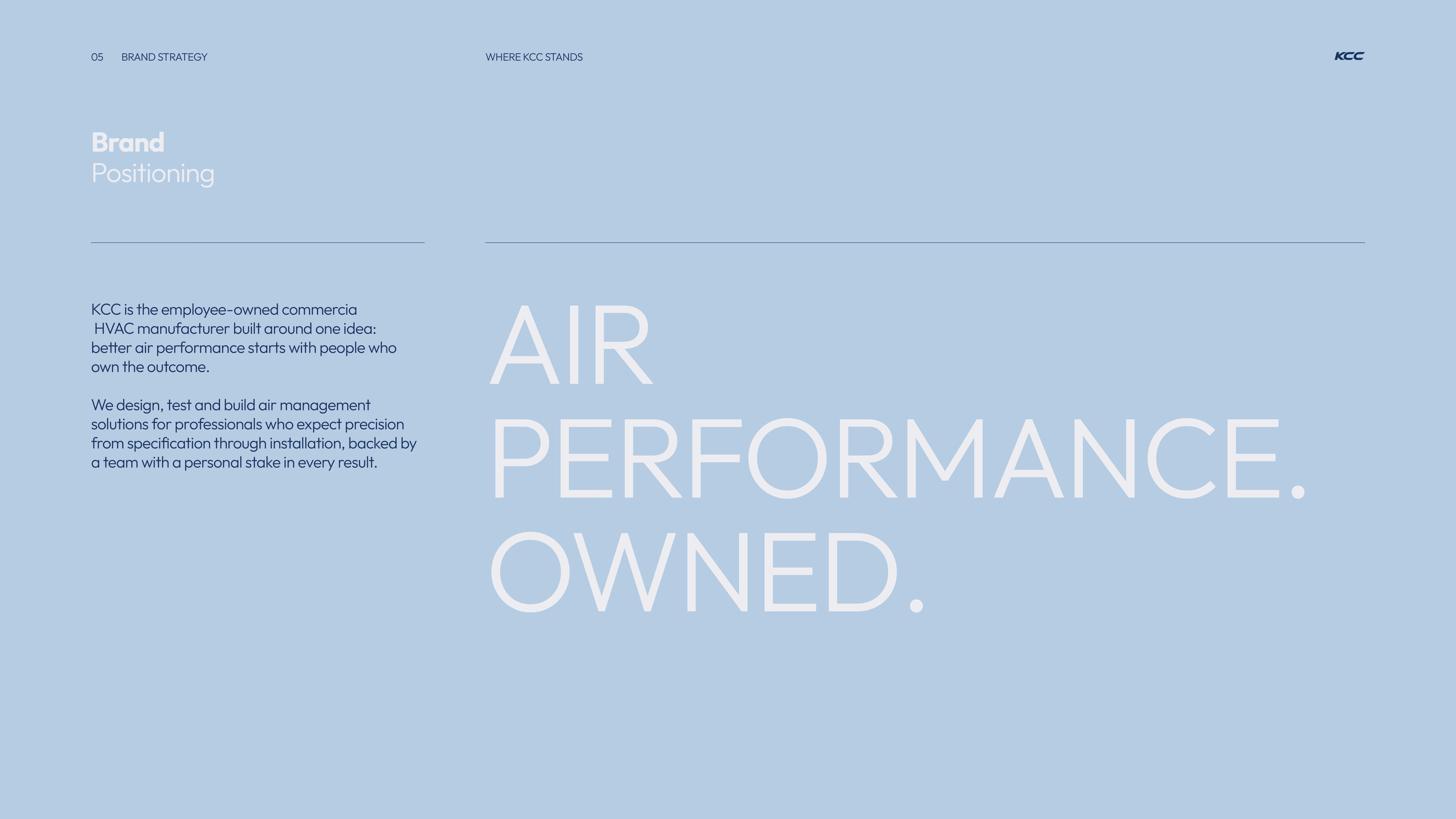 Brand positioning statement on a light blue background reading: KCC is an employee-owned commercial HVAC manufacturer focused on better air performance through people ownership. They design, test, and build air management solutions for professionals seeking precision from specification to installation, backed by a team personally invested in every result. Large text emphasizes 'AIR PERFORMANCE. OWNED.'