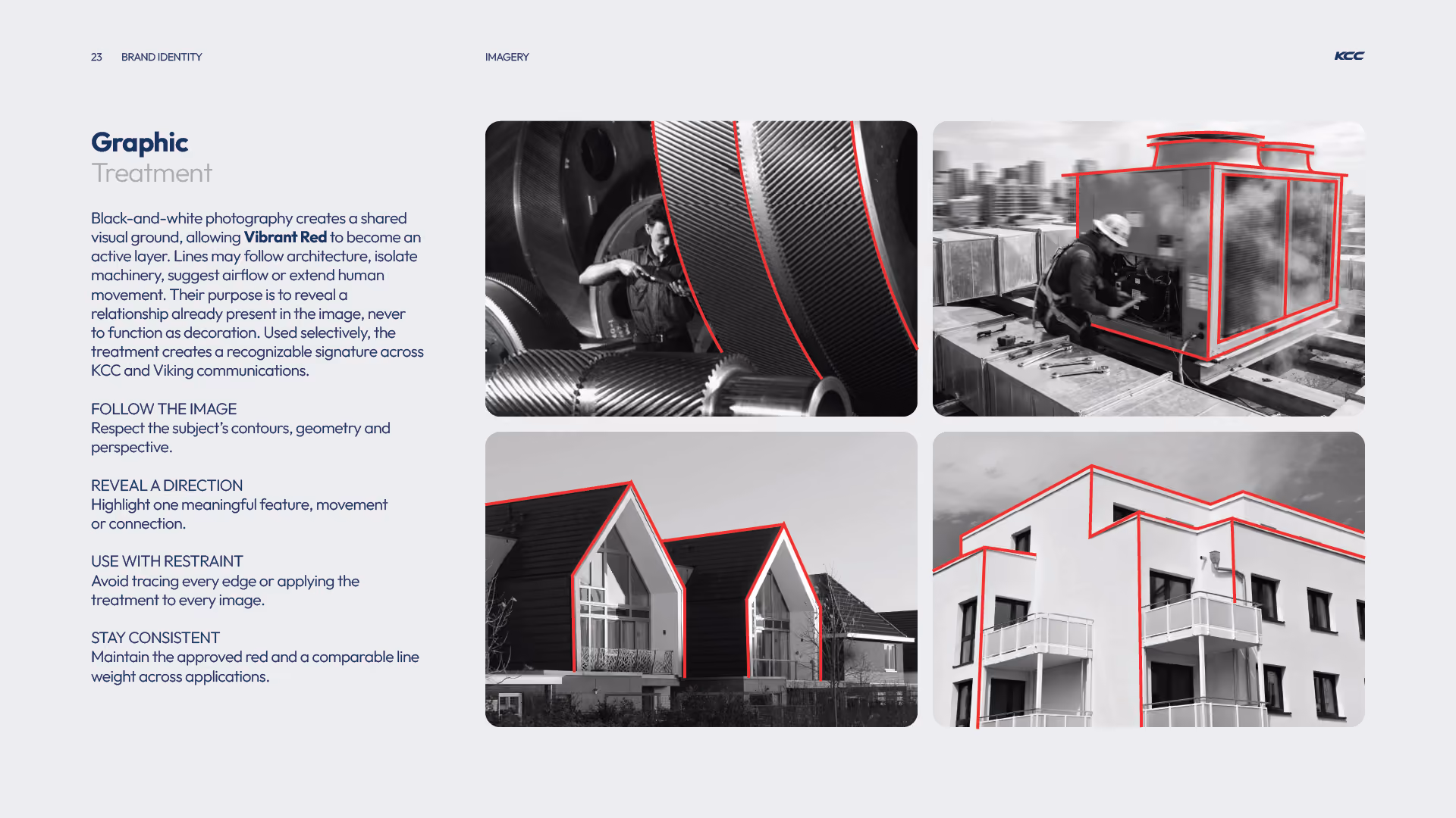 Four black-and-white images showing various industrial and architectural subjects with red lines tracing specific contours and edges to highlight shapes and movement, demonstrating a graphic treatment technique using vibrant red to enhance key features while respecting the subject's geometry and perspective.