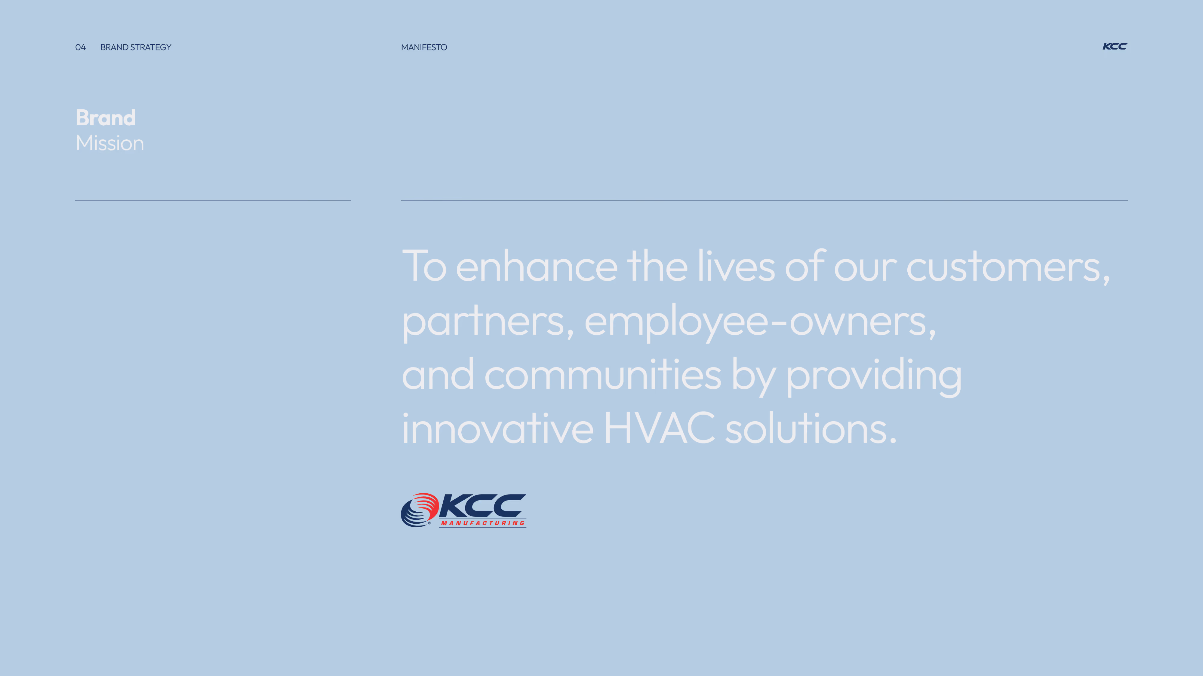Text on a light blue background reading 'Brand Mission' and stating the mission is to enhance the lives of customers, partners, employee-owners, and communities by providing innovative HVAC solutions, with a KCC Manufacturing logo below.