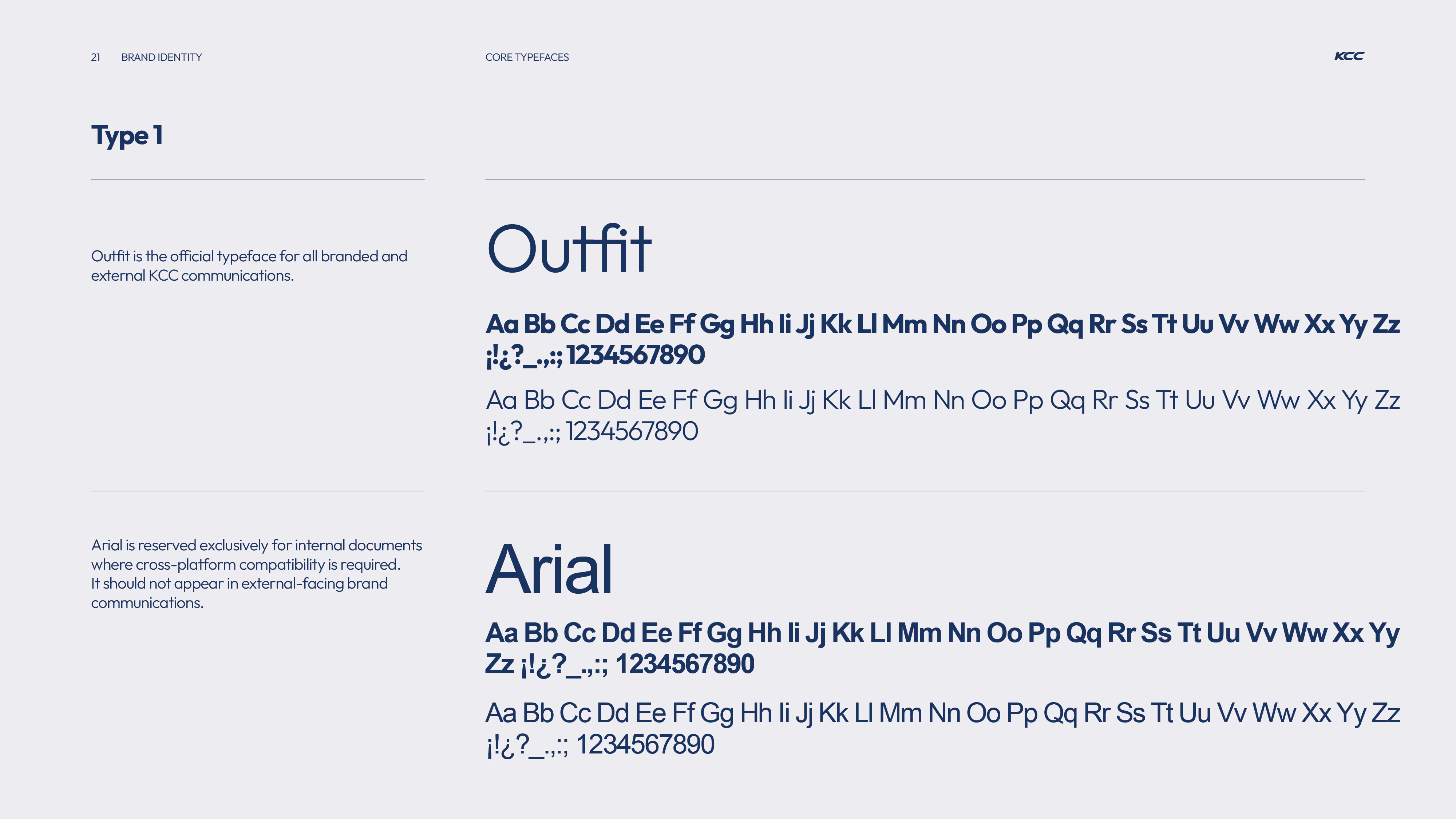 Typography guide showing two core typefaces for KCC brand identity: Outfit and Arial. Outfit is the official typeface for all branded and external communications, featuring uppercase, lowercase, numbers, and special characters in both bold and regular styles. Arial is reserved for internal documents requiring cross-platform compatibility and should not appear in external brand communications; it also displays uppercase, lowercase, numbers, and special characters in bold and regular styles.