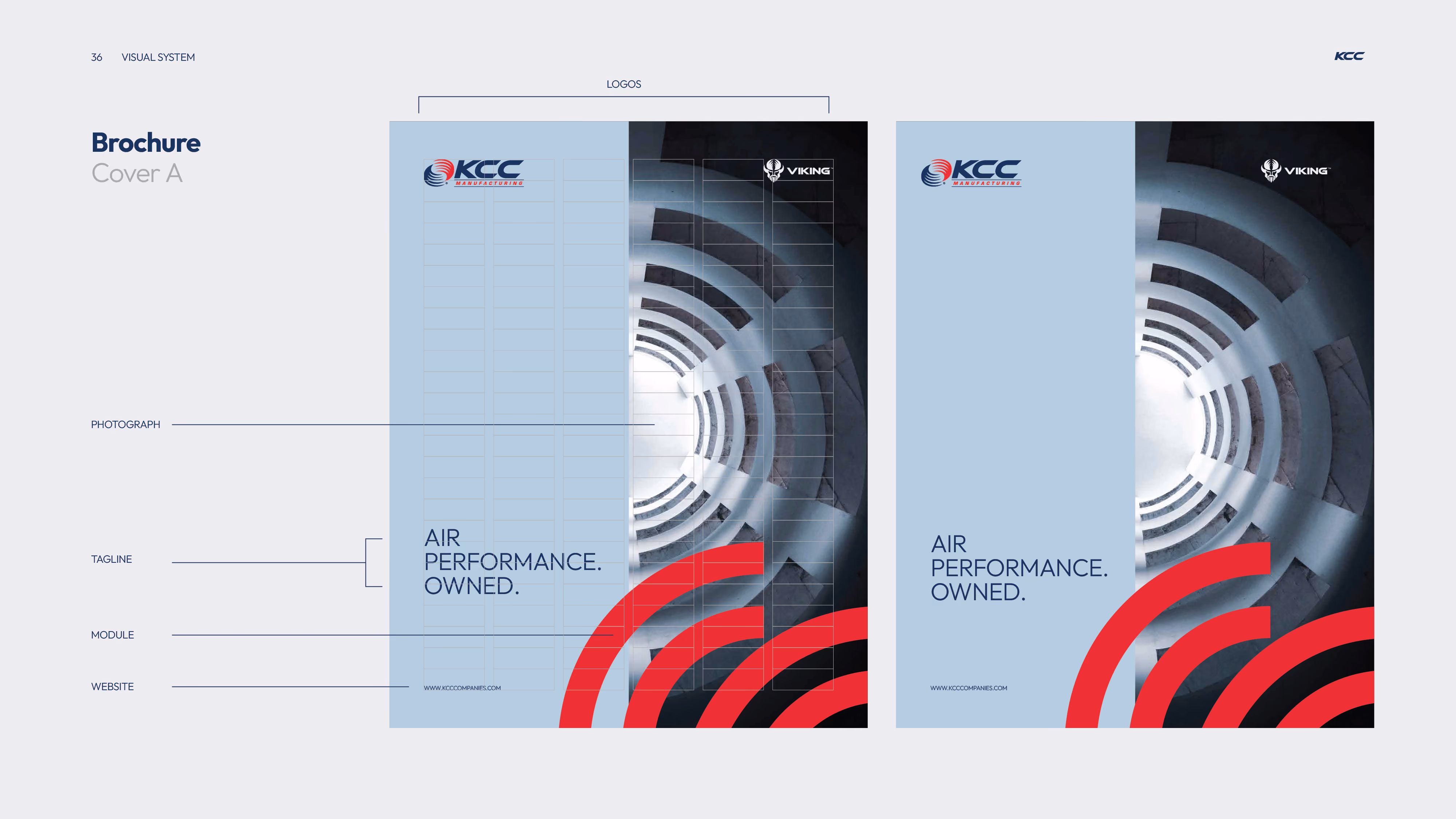 Two brochure cover designs side by side with blue backgrounds featuring the logos KCC Manufacturing and Viking at the top, a spiraling architectural photo on the right, red arc graphics at the bottom right, and the tagline 'AIR PERFORMANCE. OWNED.' above the website URL www.kcccompanies.com.