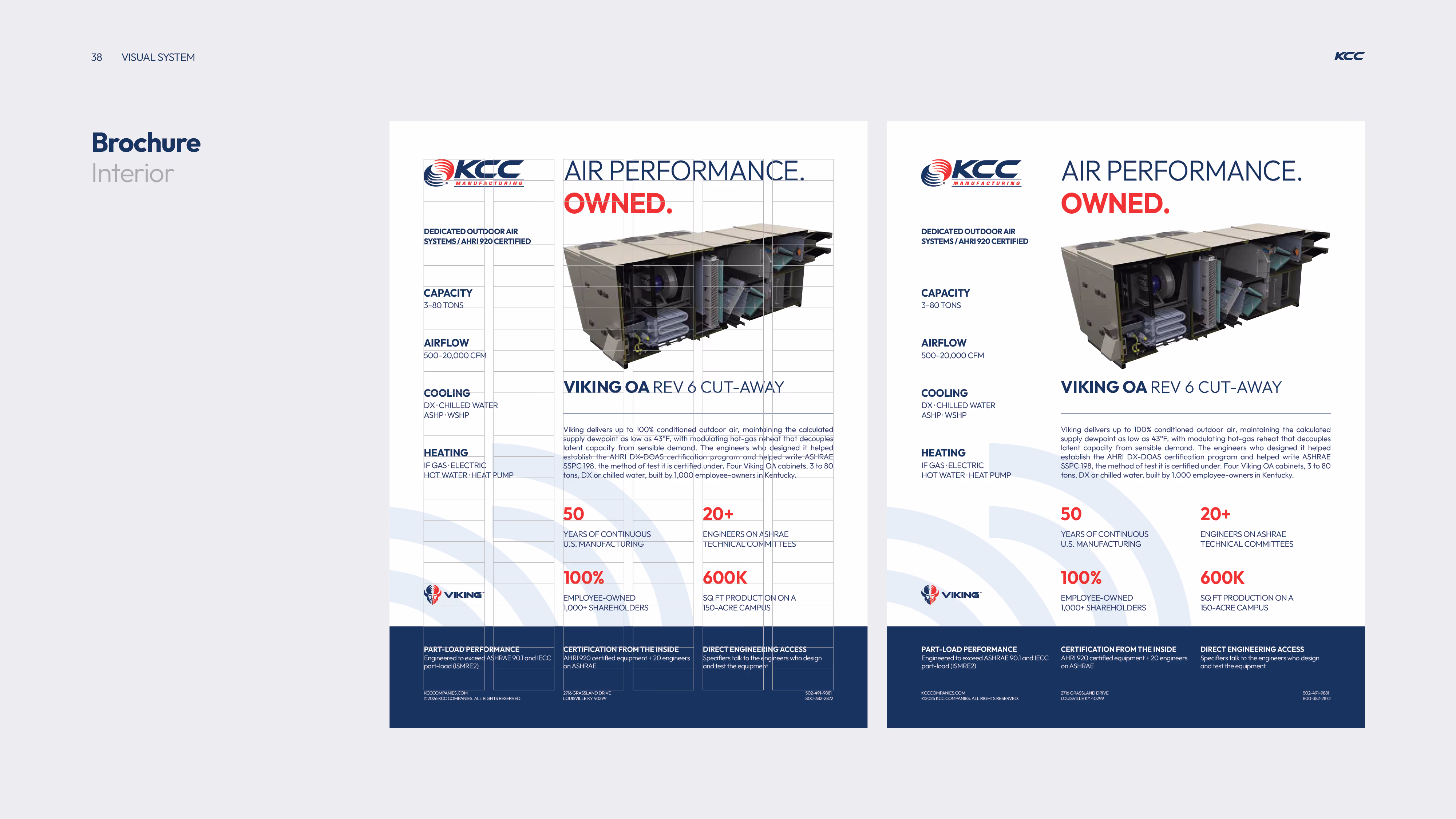 KCC brochure page showing details of VIKING OA Rev 6 cut-away dedicated outdoor air system with specifications including capacity (3-80 tons), airflow (500-20,000 CFM), cooling, and heating options; highlights include 50 years of continuous U.S. manufacturing, 100% employee-owned with 1,000+ shareholders, 20+ engineers on ASHRAE technical committees, and 600K sq ft production on a 150-acre campus; includes a cut-away image of the unit and sections on part-load performance, certification from inside, and direct engineering access.