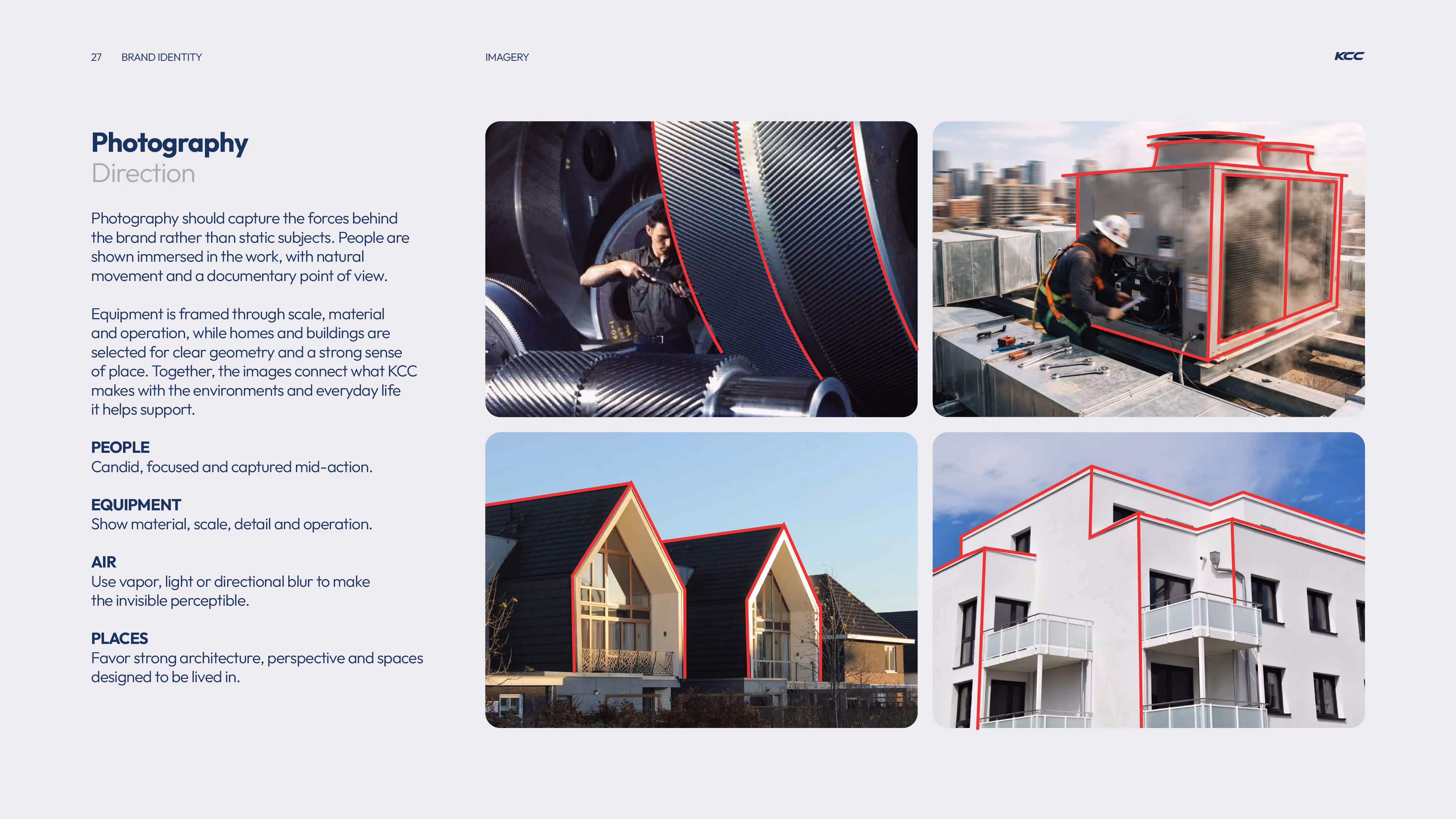 Four images illustrating photography direction for KCC brand: top-left shows a man working on large machinery gears, top-right a technician in safety gear working on rooftop HVAC equipment with visible vapor, bottom-left two modern houses with sharp rooflines and clear geometry, bottom-right a white modern building with terraces and angular architectural lines highlighted in red.