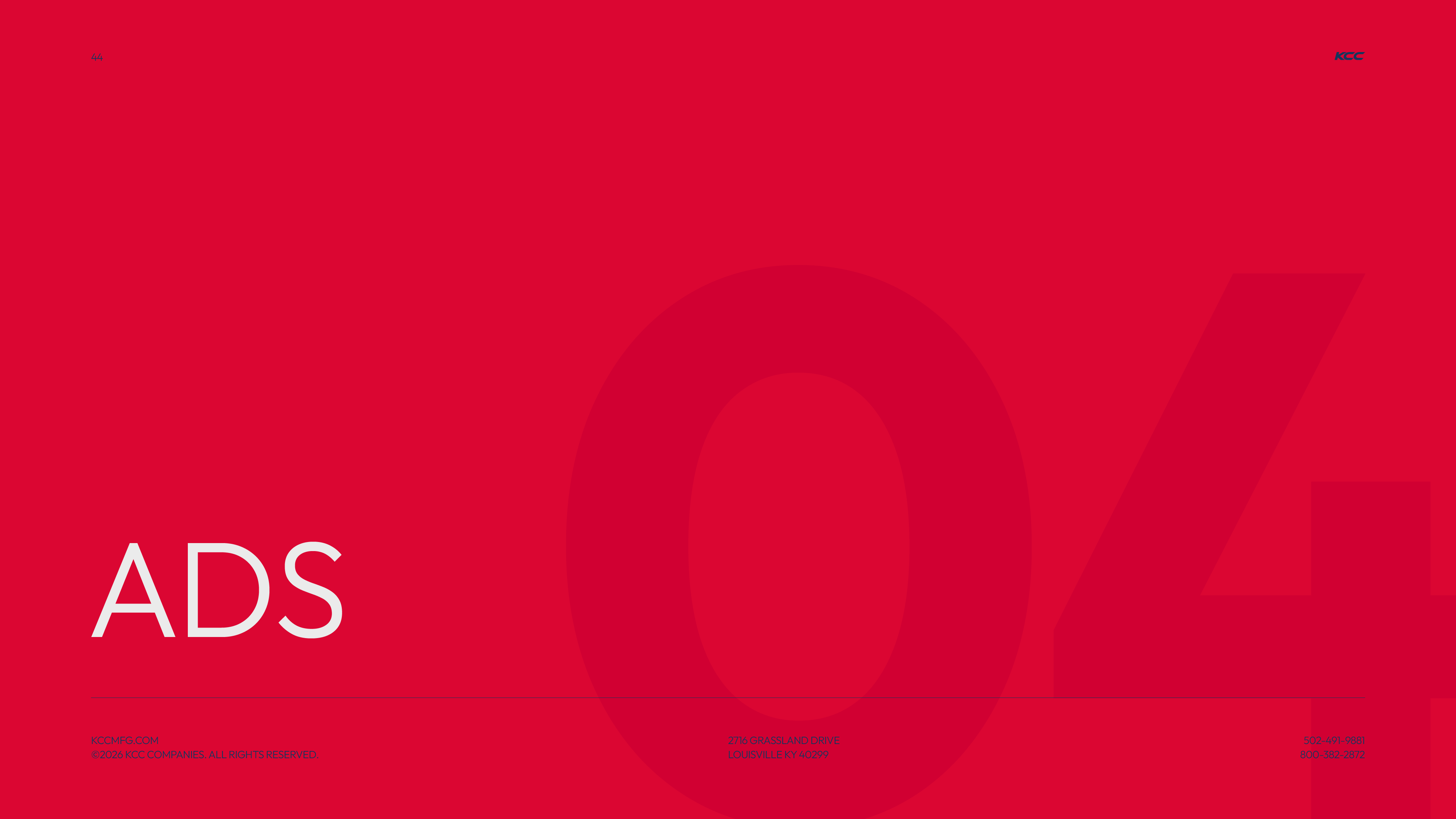 Red background with large translucent number 04 in the center, white text 'ADS' on the left, and small blue text with contact details at the bottom corners.