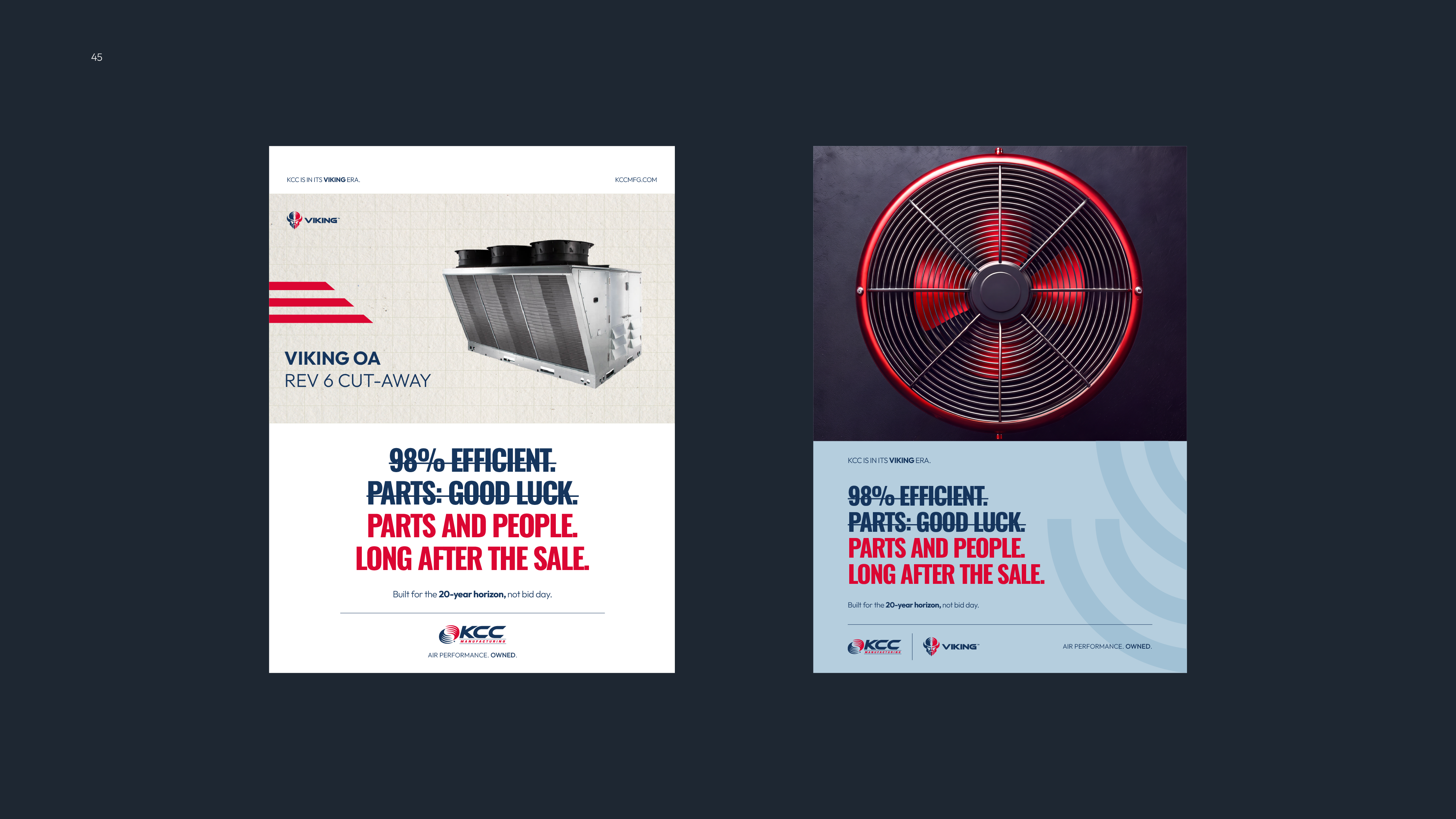 Two Viking brand promotional posters side by side. Left poster shows a metal HVAC unit with text 'Viking OA Rev 6 Cut-Away' and slogan emphasizing parts and people lasting long after the sale, with KCC Manufacturing branding. Right poster features a close-up of a red industrial fan with the same slogan about efficiency, parts, and people lasting long after the sale, also branded with KCC and Viking logos on a light blue background.