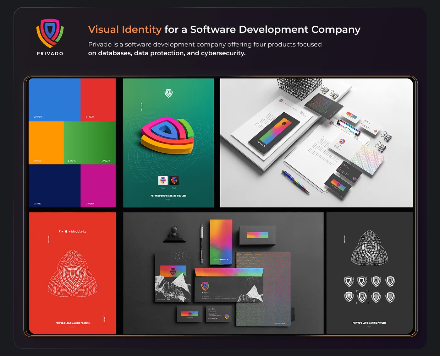 Visual identity presentation for Privado, a software development company focused on databases, data protection, and cybersecurity. The image shows the company shield logo in multicolor, a color palette with blue, red, orange, green, and pink hues, logo construction grids, and branded stationery including business cards, letterheads, notebooks, and pens with a modern gradient design and mountain imagery on dark backgrounds.