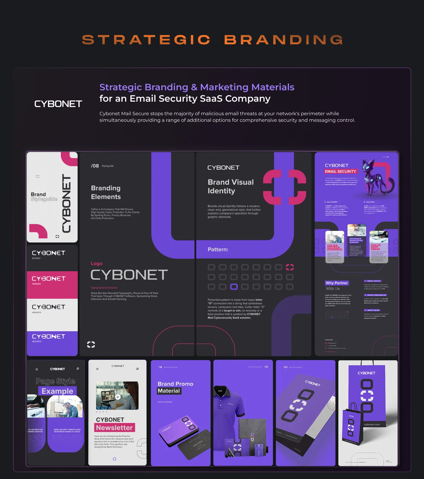 Strategic branding presentation for Cybonet, an email security SaaS company, showing brand style guide, visual identity with logos and patterns, a mascot illustration of a futuristic cat, partnership info, newsletter example, and brand promotional materials like business cards, polo shirts, folders, and shopping bags, all featuring a purple, pink, black, and white color scheme with sharp, rounded typography.