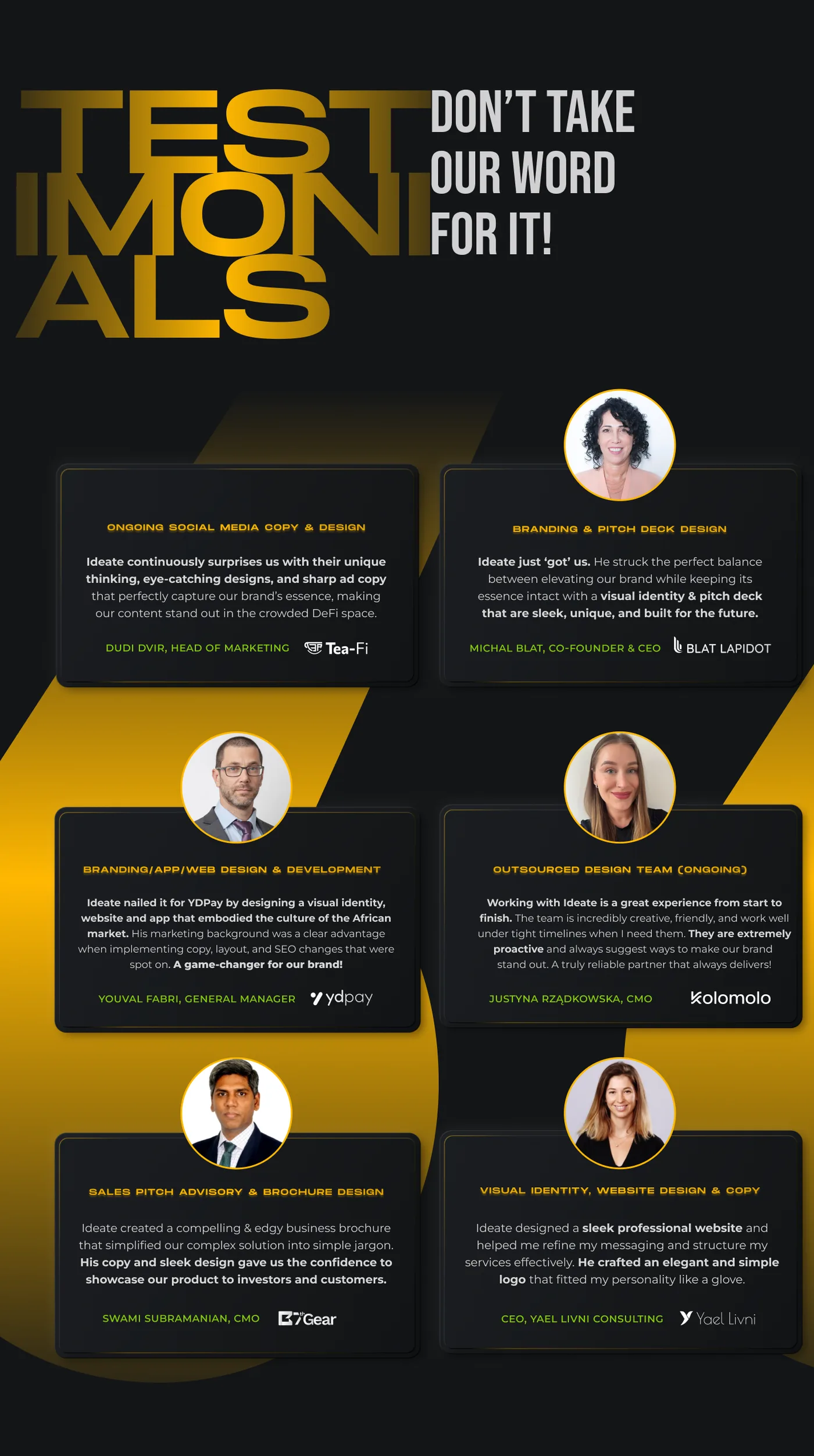 Testimonials section with six client reviews displayed in black boxes over a stylized yellow number eight background. Title reads TESTIMONIALS and Don't take our word for it! Each review includes a headshot photo and details of projects by Ideate: Dudi Dvir of Tea-Fi praises social media copy and design; Michal Blat of Blat Lapidot describes branding and pitch deck design; Youval Fabri of YDPAY highlights branding, app, and web design; Justyna Rzadkowska of Kolomolo commends Ideate's outsourced design team; Swami Subramanian of EZGear values sales pitch advisory and brochure design; CEO Yael Livni talks about visual identity and website design. Reviews emphasize creativity, unique designs, professionalism, and brand impact.