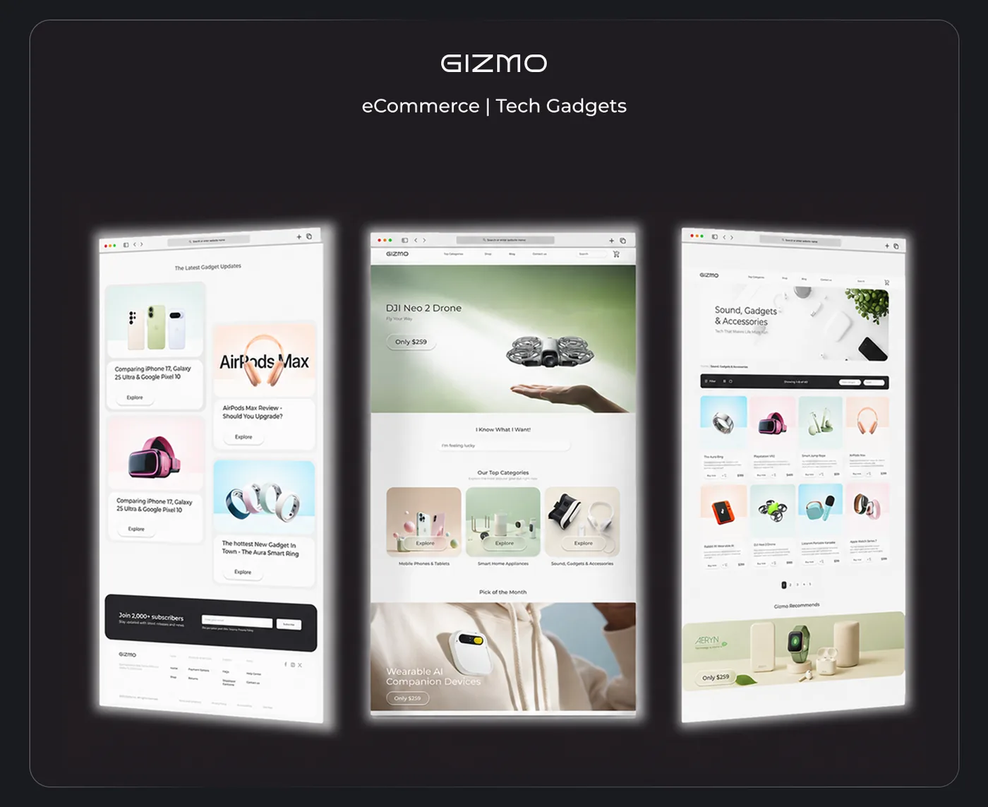 Three vertically oriented browser windows on a dark background showing GIZMO eCommerce tech gadget pages, including product reviews, a DJI Neo 2 Drone for $259, smart home appliances, wearable AI devices, and sound gadgets with product listings and prices.