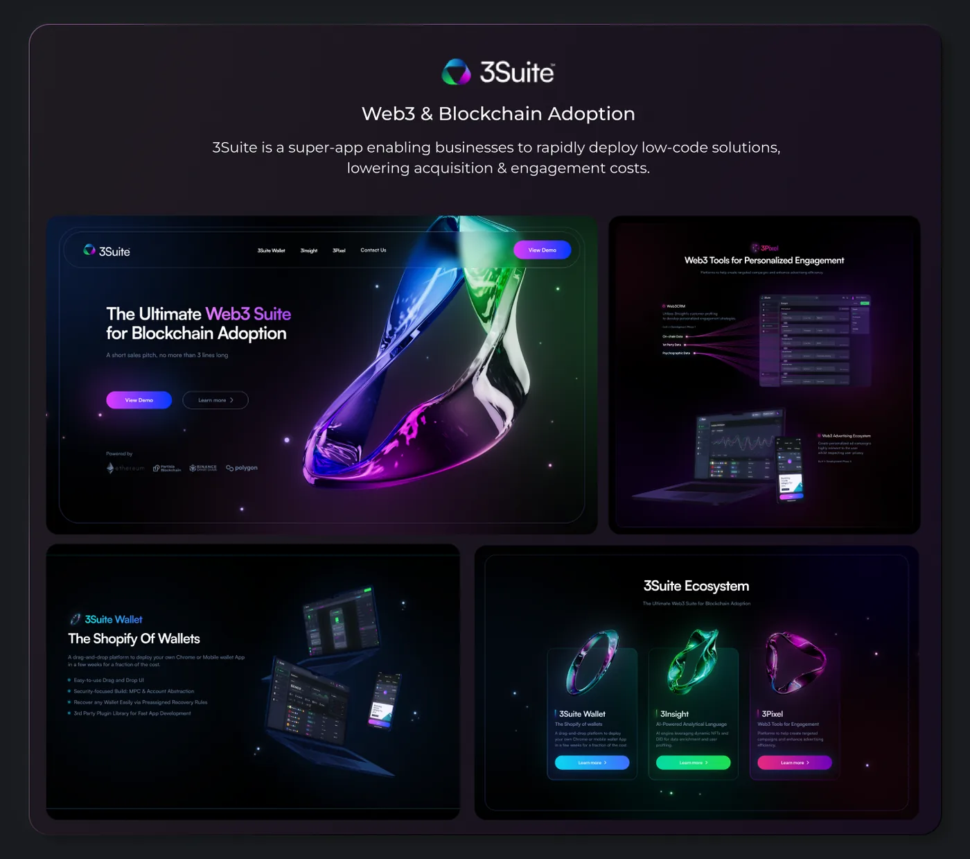 3Suite Web3 & Blockchain Adoption interface highlighting a super-app for low-code solutions to reduce acquisition and engagement costs, featuring a homepage with a colorful abstract 3D shape, demo and learn more buttons, and partner logos. Panels detail Web3 tools for personalized engagement with a laptop and phone display, the 3Suite Wallet described as 'The Shopify of Wallets' with drag-and-drop and security features shown on laptop and phone screens, and the 3Suite Ecosystem showcasing 3Suite Wallet, 3Insight AI analytics, and 3Pixel engagement tools with vibrant 3D icons.