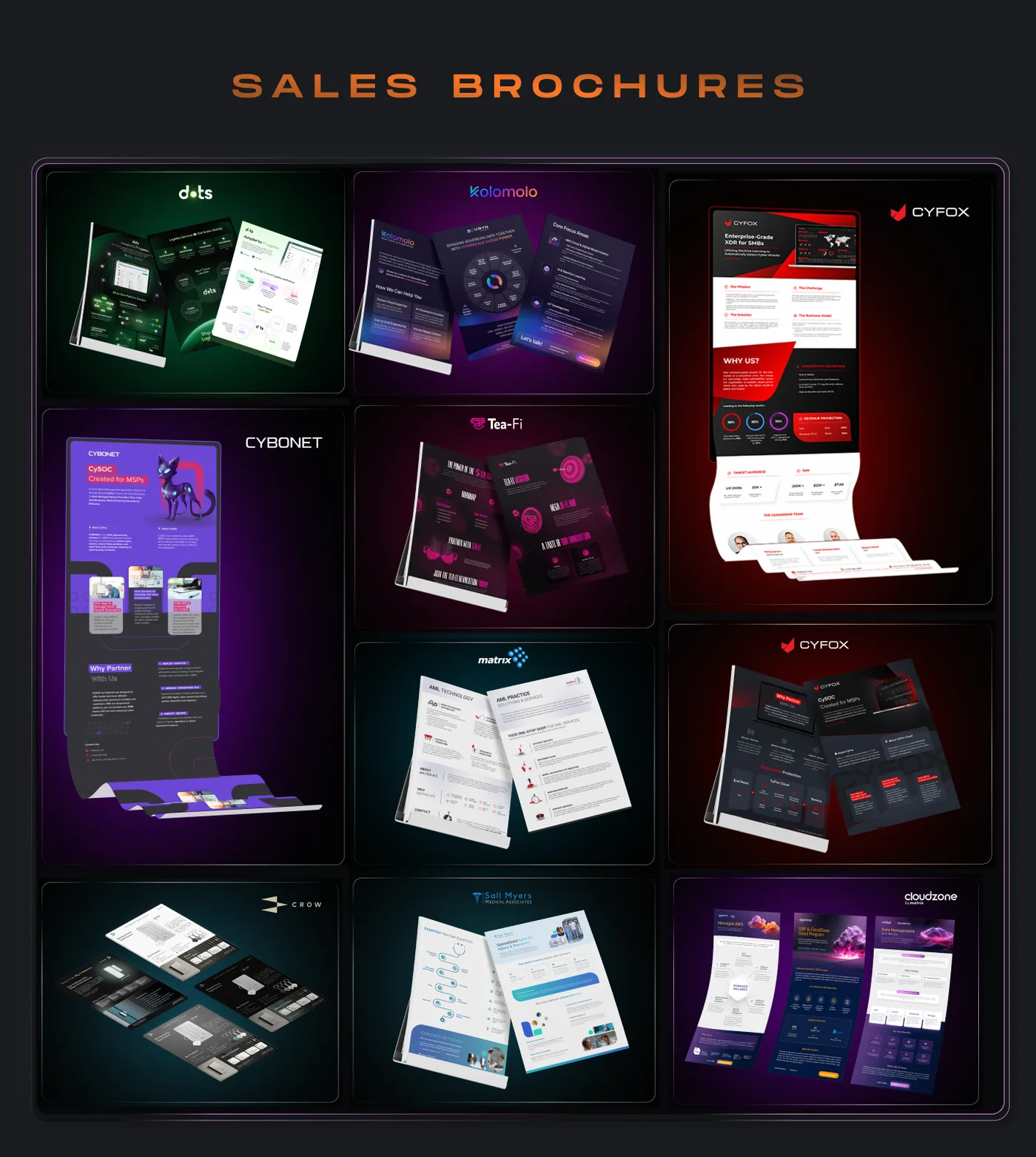 Grid of nine different sales brochures for various companies including dots, Kolomolo, CYFOX, CYBONET, Tea-Fi, matrix, CROW, Sail Myers Medical Associates, and cloudzone, each showing unique color schemes, layouts, and content styles.