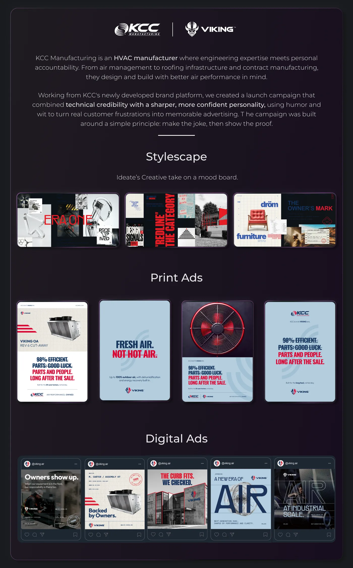 KCC Manufacturing and Viking logos at top with description of KCC as an HVAC manufacturer focused on engineering and personal accountability, creating memorable advertising with humor and confidence. Below, three rows labeled Stylescape, Print Ads, and Digital Ads showcase examples of visual branding content. Stylescape row features creative mood board images. Print Ads row shows four ad designs emphasizing efficiency, parts, and service. Digital Ads row presents five social media post mockups with themes of reliability, ownership, checking quality, advanced HVAC air, and industrial scale air solutions.