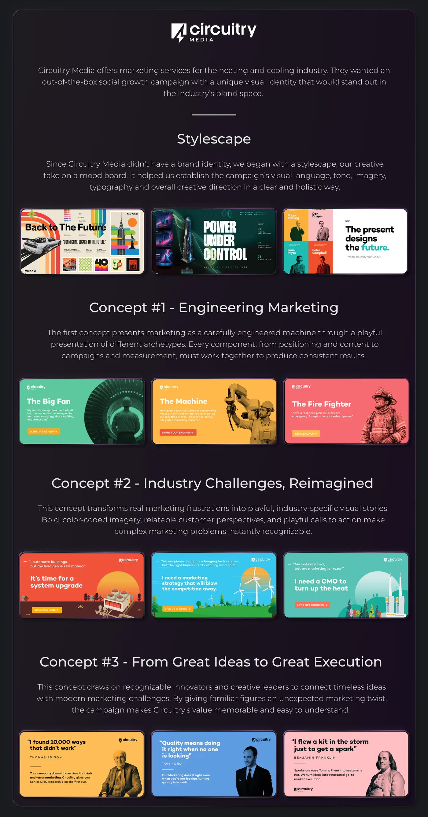 Marketing presentation for Circuitry Media showcasing their brand and campaign concepts for the heating and cooling industry. It includes an introduction about creating a unique visual identity and three sections: Stylescape with mood board visuals, Concept #1 Engineering Marketing with cards titled The Big Fan, The Machine, The Fire Fighter, Concept #2 Industry Challenges, Reimagined with bold, color-coded cards about upgrading systems and marketing strategies, and Concept #3 From Great Ideas to Great Execution featuring quotes and images of innovators including Thomas Edison, Tom Ford, and Benjamin Franklin.