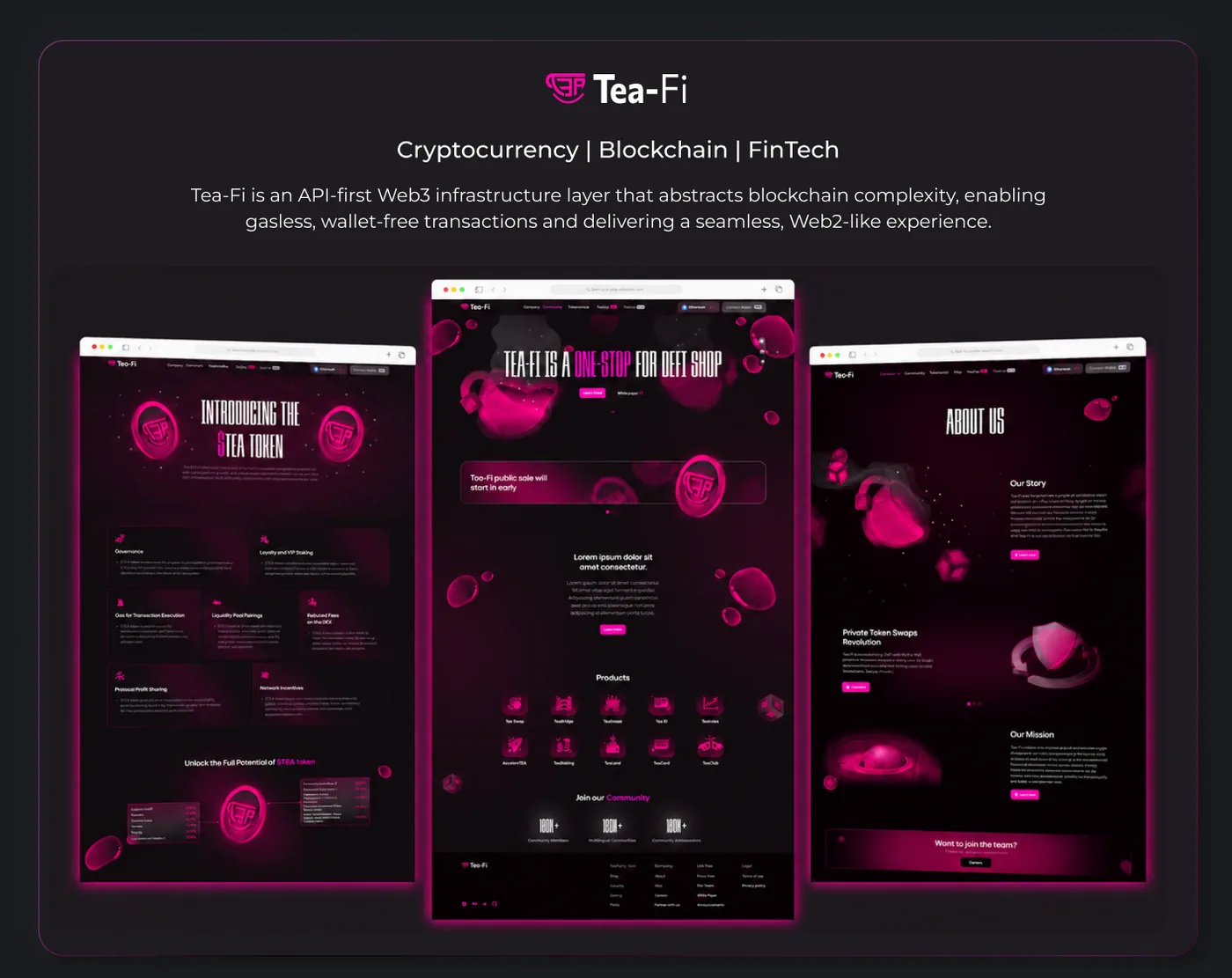 Tea-Fi website showcasing its focus on cryptocurrency, blockchain, and fintech with API-first Web3 infrastructure for gasless, wallet-free transactions and a Web2-like experience. The image shows three website pages side by side: one introducing the $TEA token with features like governance and reduced fees, a central page labeled a one-stop DEFI shop highlighting products and community stats, and an About Us page detailing the company's story, mission, and team recruitment.