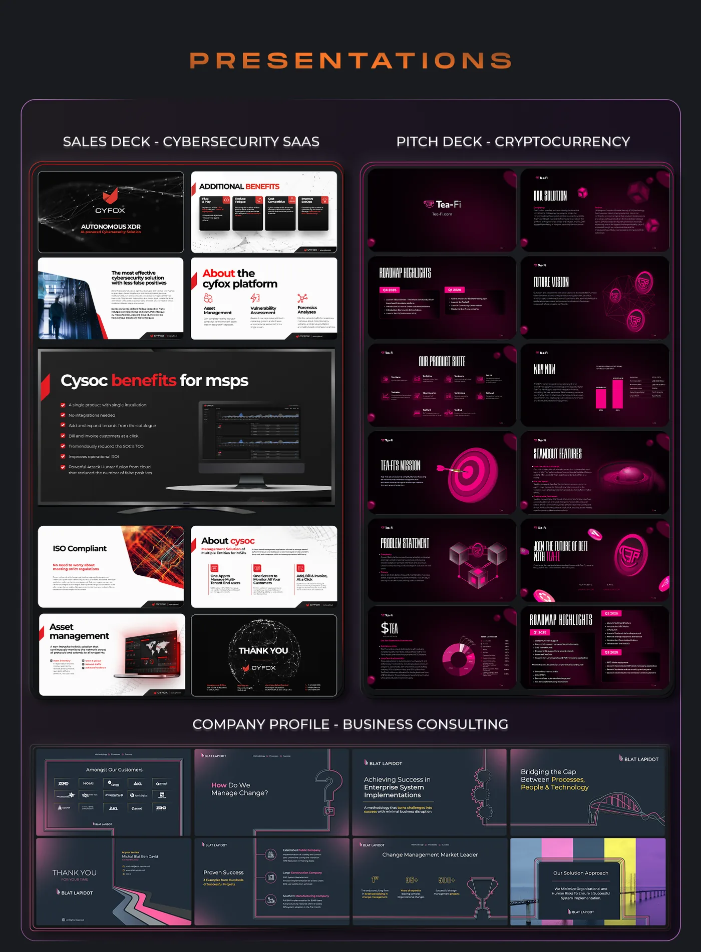 Composite image showcasing three presentation decks: Sales Deck for Cybersecurity SaaS by Cyfox with slides on benefits, platform features, compliance, and asset management; Pitch Deck for Cryptocurrency by Tea-Fi with slides on solutions, roadmap, mission, product suite, features, problems, and roadmap highlights; Company Profile for Business Consulting by Blat Lapidot with slides on customers, change management, success examples, market leadership, and solution approach.